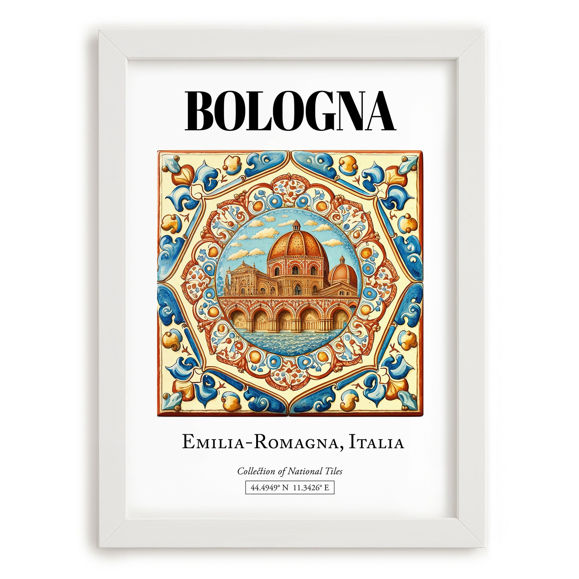 Bologna, Italy – Retro Travel Poster, placed in minimal white frame