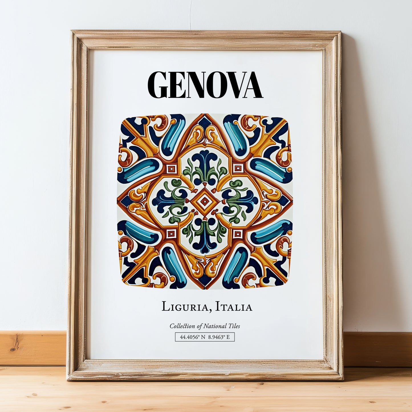 Genova, Italy – Travel Print, in wooden frame leaning on the floor