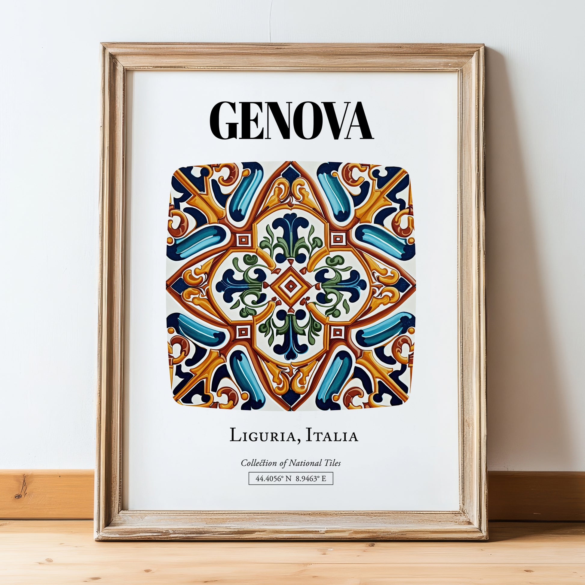 Genova, Italy – Travel Print, in wooden frame leaning on the floor