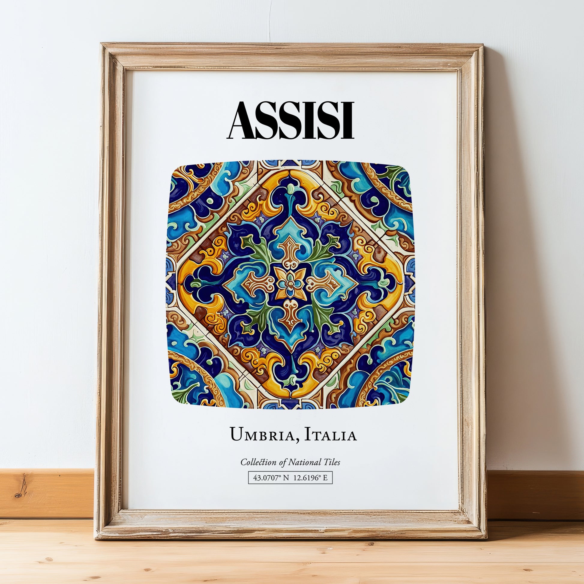 Assisi, Italy – Travel Poster, in wooden frame leaning on the floor