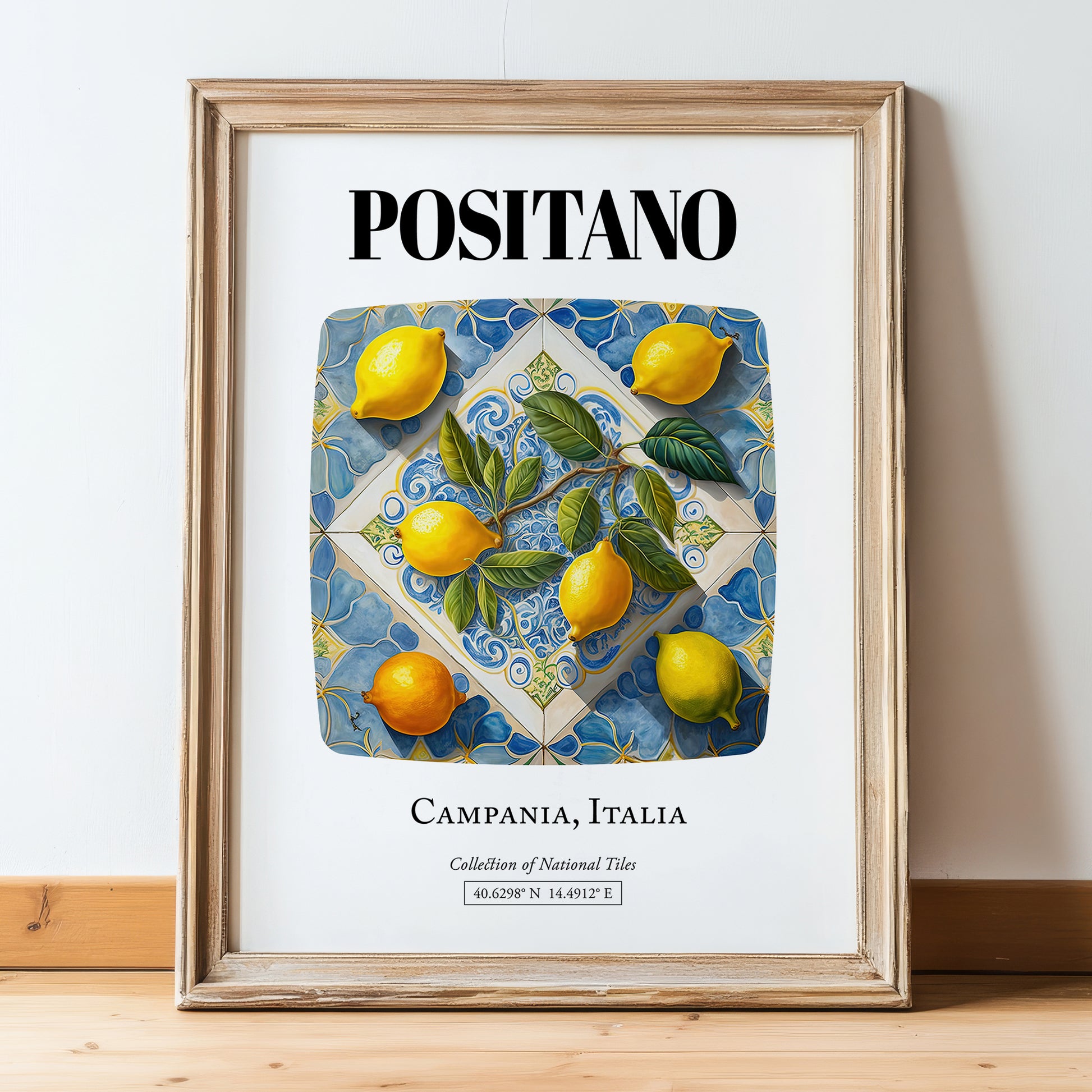 Positano, Italy – Travel Poster, in wooden frame leaning on the floor