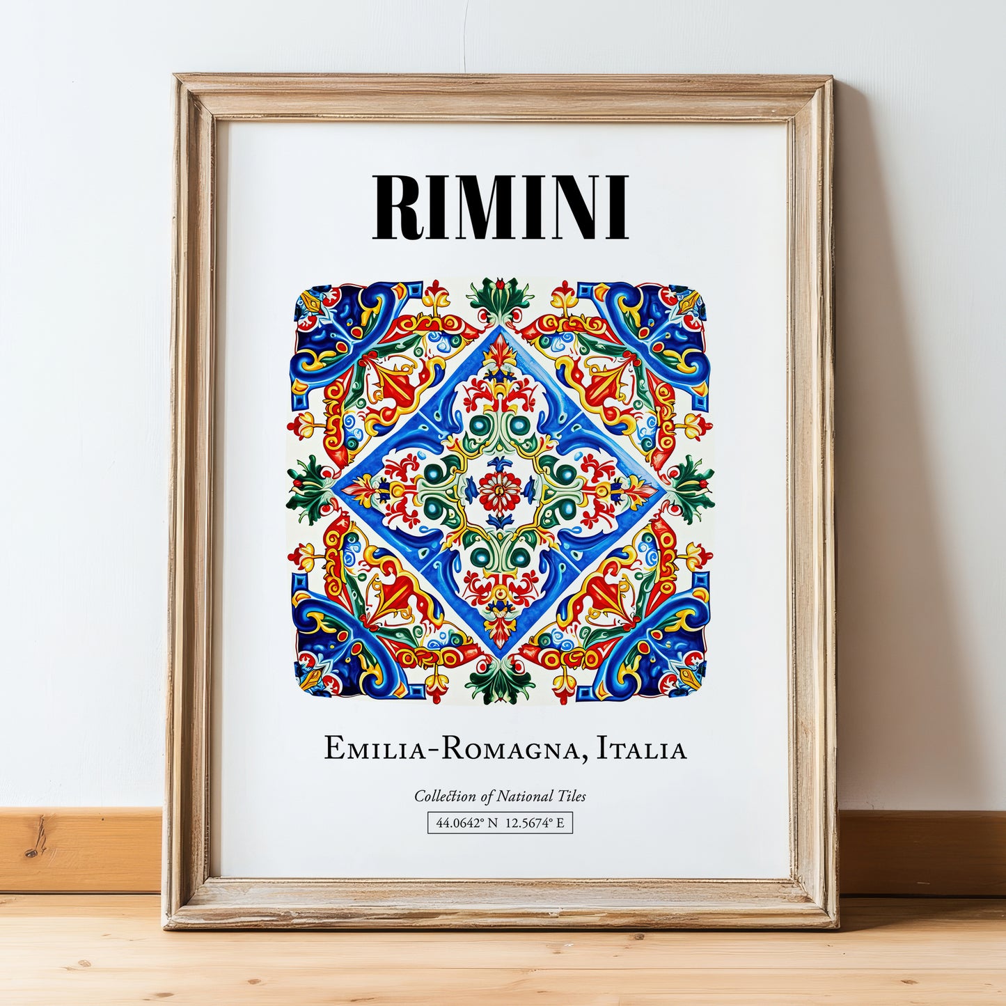 Rimini, Italy – Illustrated Travel Poster, in wooden frame leaning on the floor