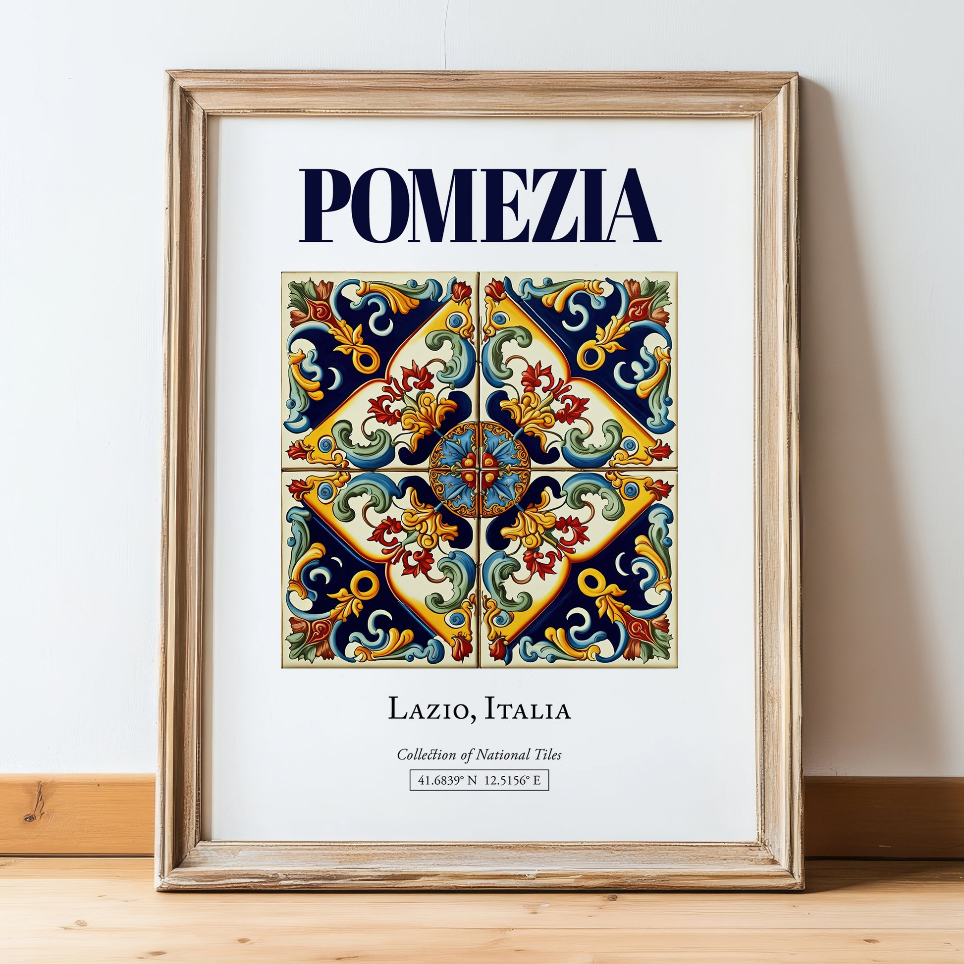 Pomezia, Italy – Illustrated Travel Poster, in wooden frame leaning on the floor