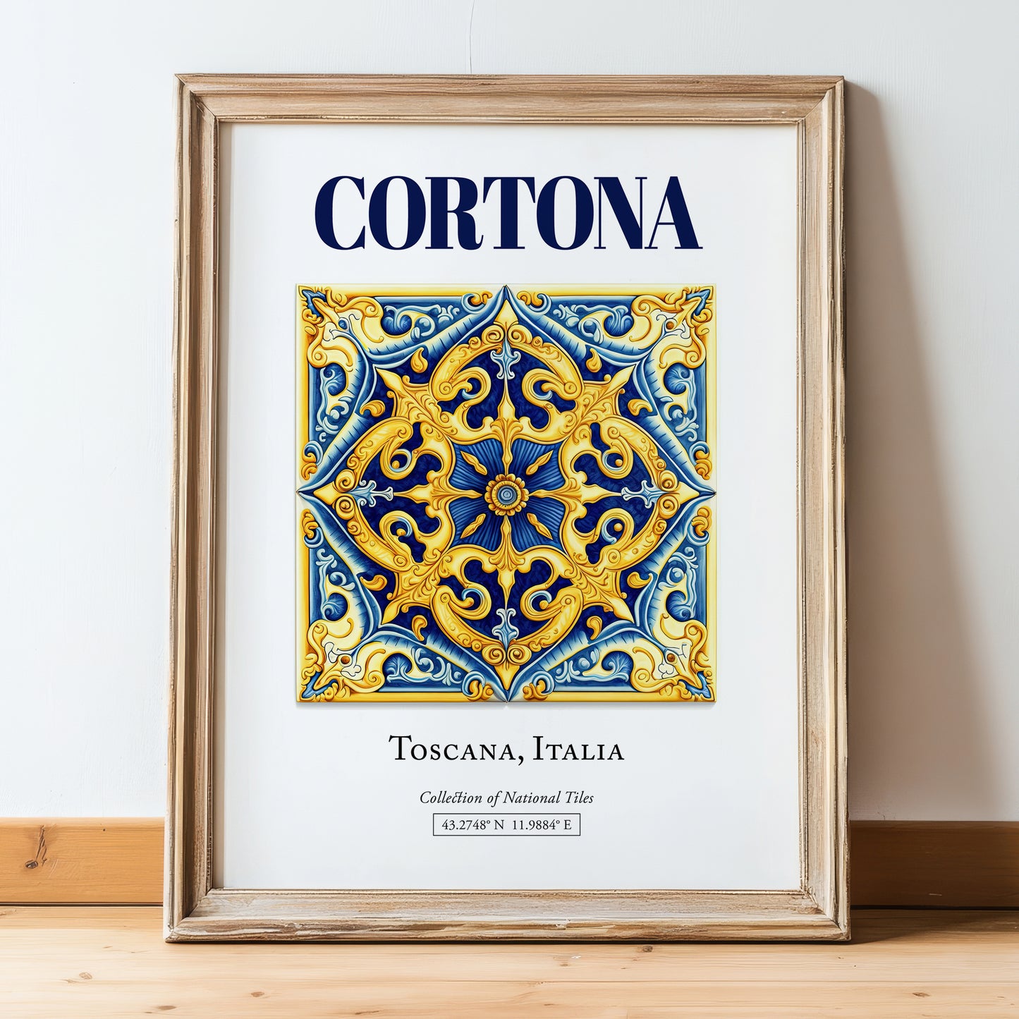 Cortona, Italy – Cityscape Wall Art, in wooden frame leaning on the floor