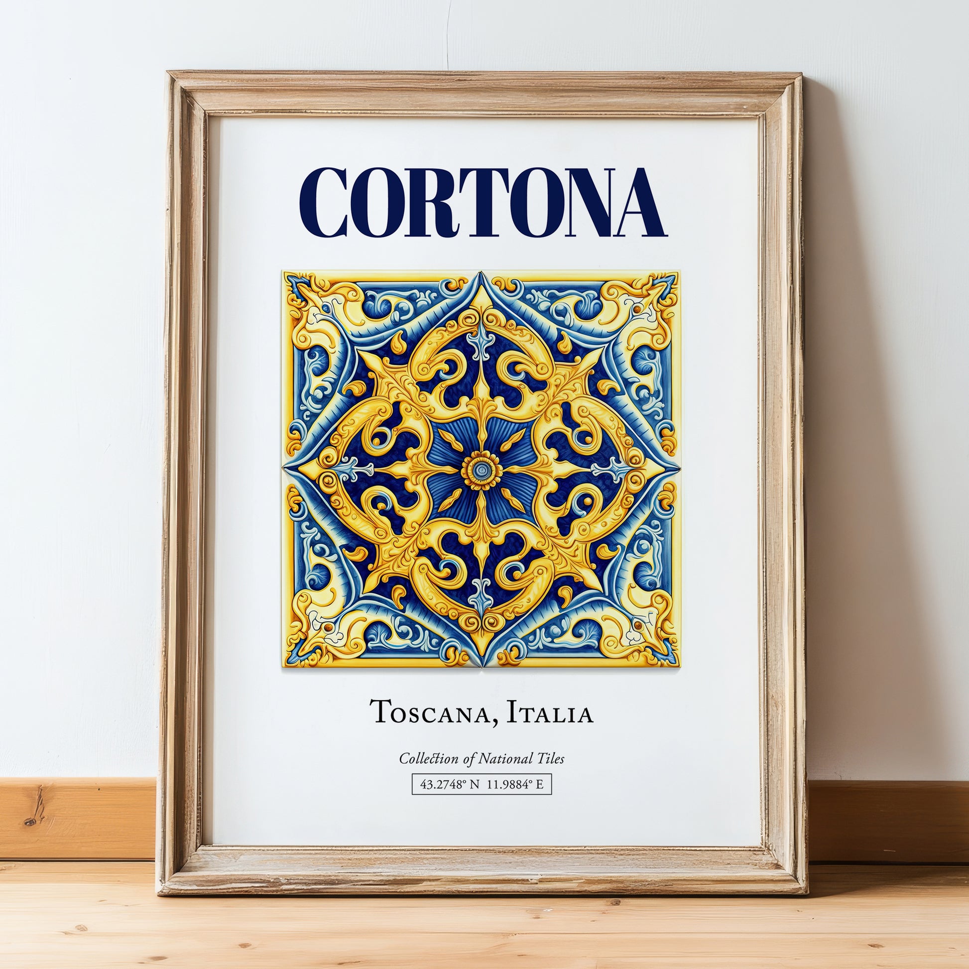 Cortona, Italy – Cityscape Wall Art, in wooden frame leaning on the floor