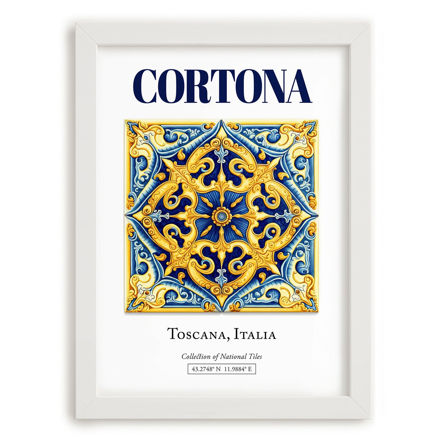 Cortona, Italy – Cityscape Wall Art, placed in minimal white frame