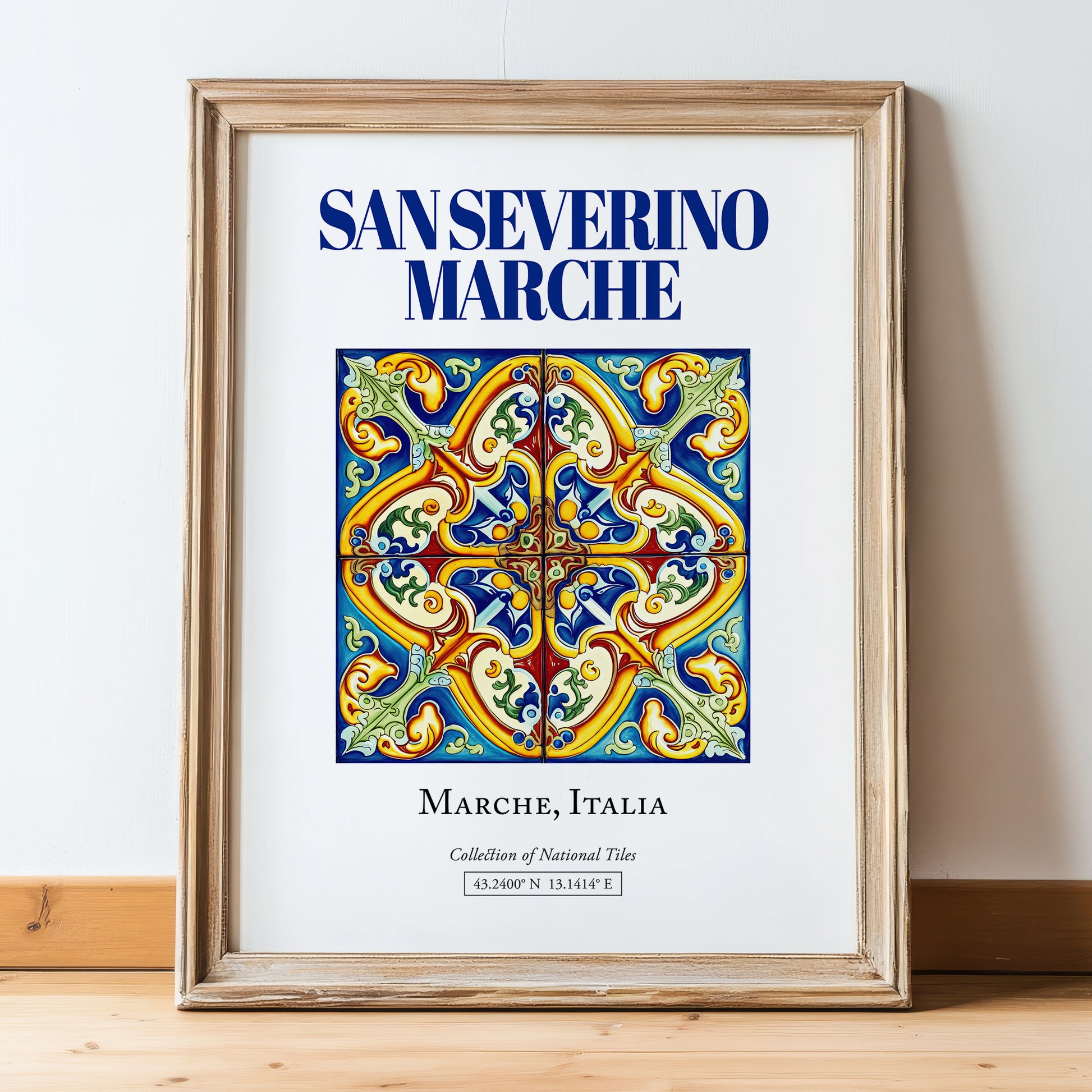 San Severino Marche, Italy – Illustrated Travel Poster, in wooden frame leaning on the floor