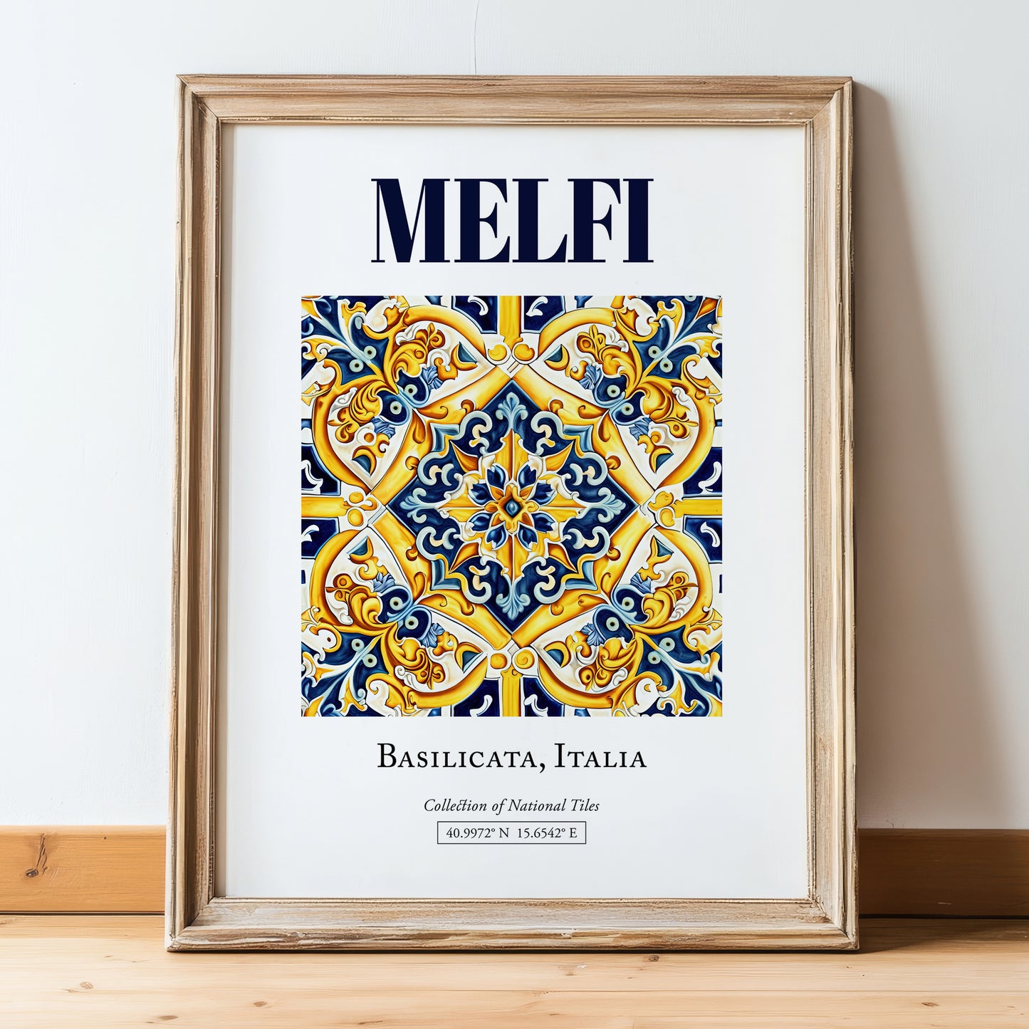 Melfi, Italy – Vintage Travel Poster, in wooden frame leaning on the floor