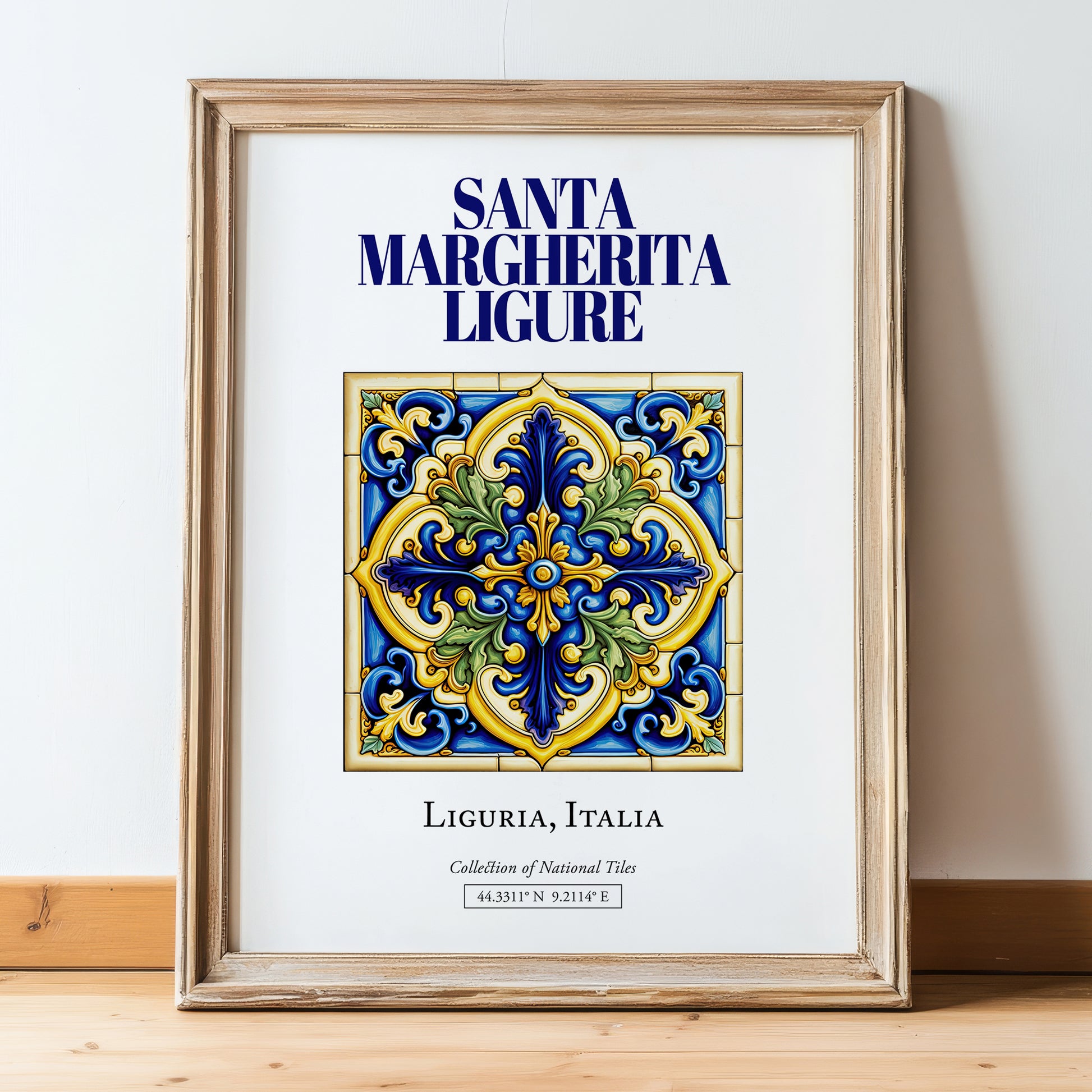 Santa Margherita Ligure, Italy – Travel Print, in wooden frame leaning on the floor