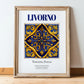 Livorno, Italy – World Heritage Travel Poster, in wooden frame leaning on the floor