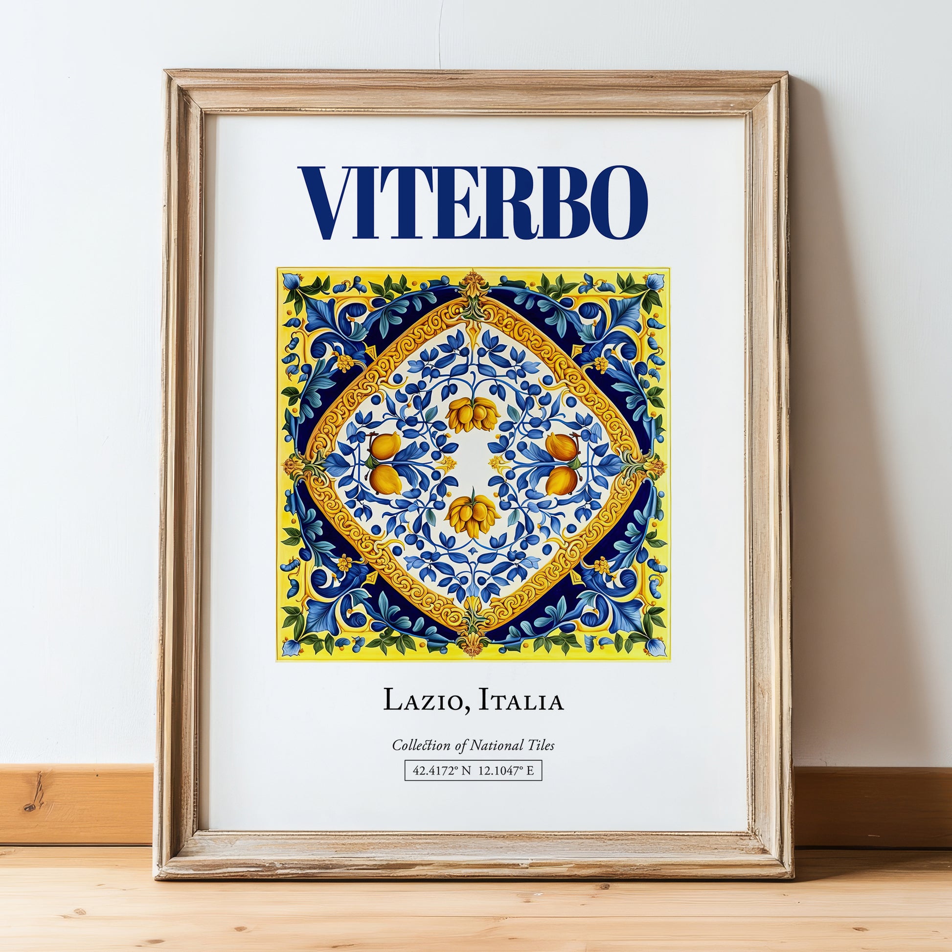 Viterbo, Italy – World Heritage Travel Poster, in wooden frame leaning on the floor
