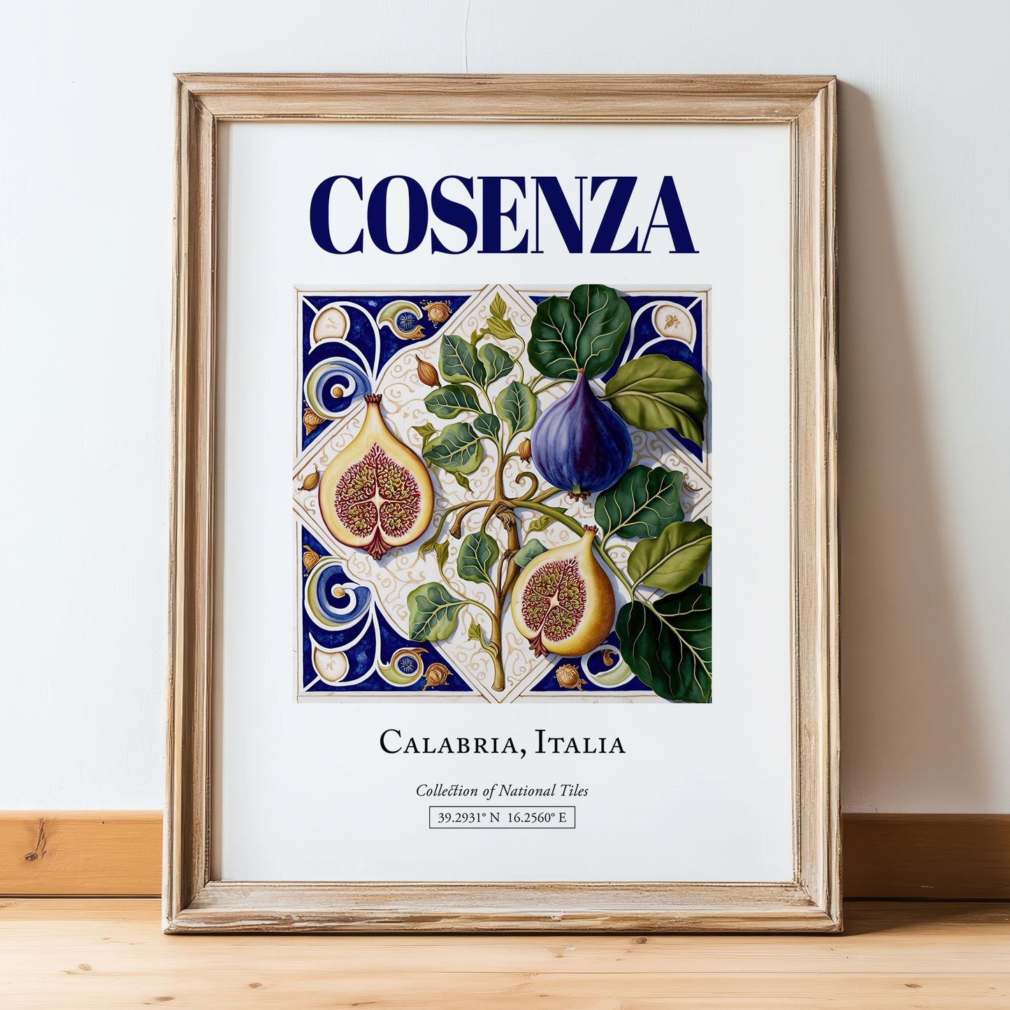Cosenza, Italy – Travel Poster, in wooden frame leaning on the floor