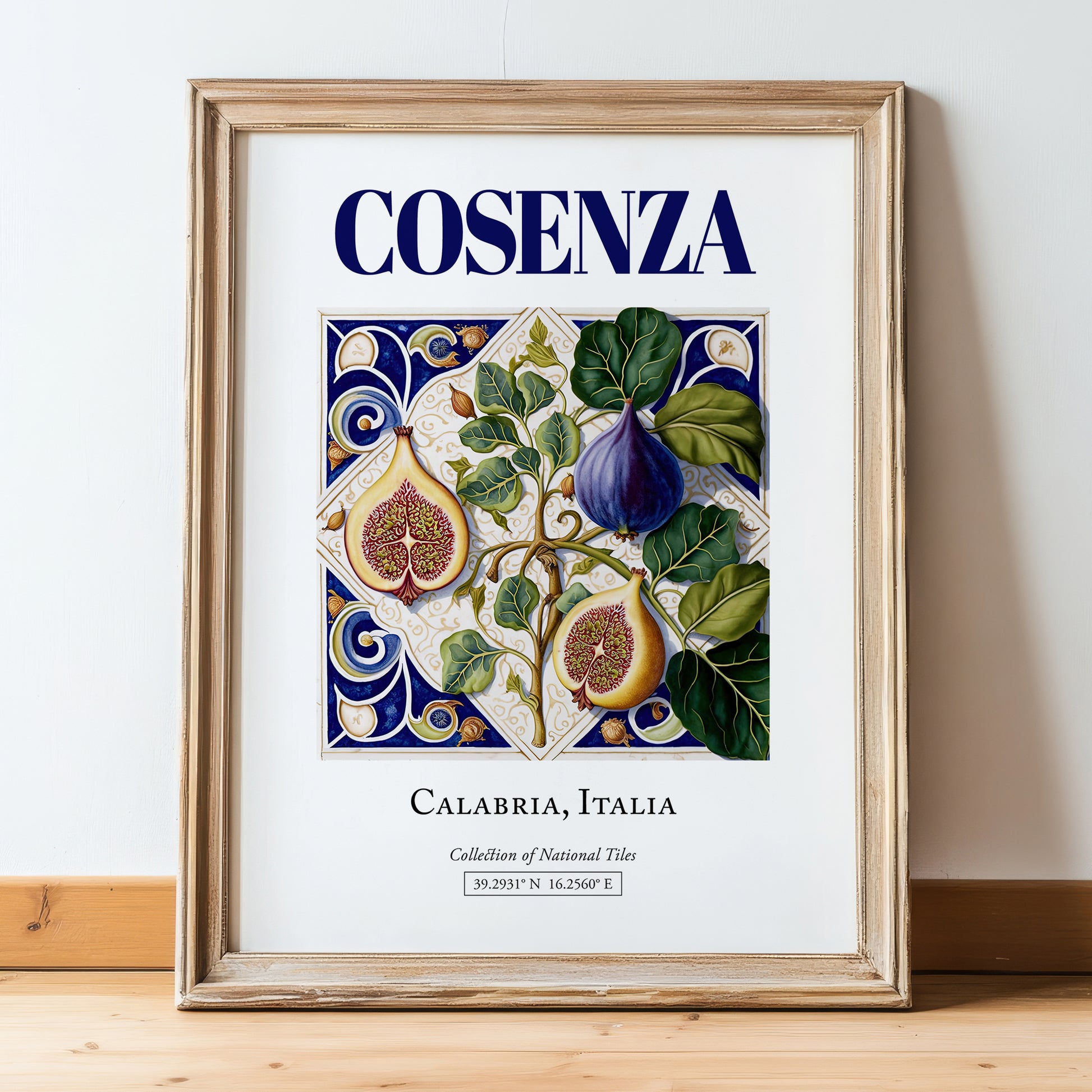Cosenza, Italy – Travel Poster, in wooden frame leaning on the floor