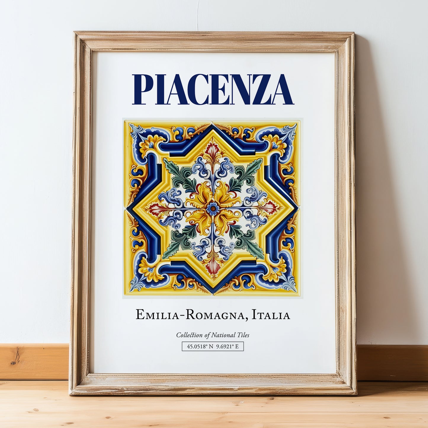 Piacenza, Italy – Travel Wall Art, in wooden frame leaning on the floor