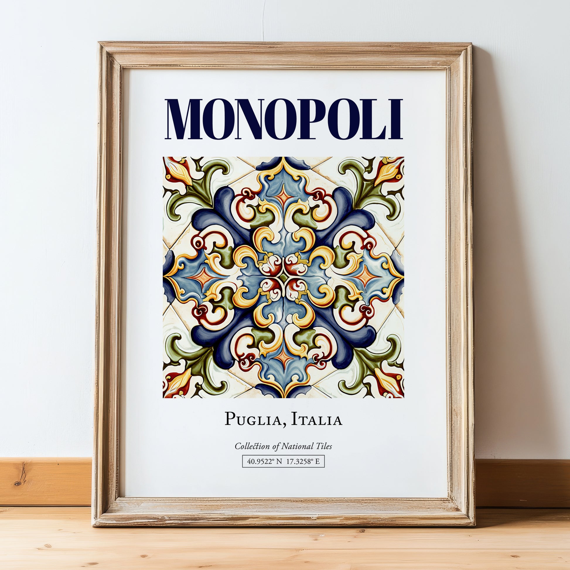 Monopoli, Italy – Travel Poster, in wooden frame leaning on the floor
