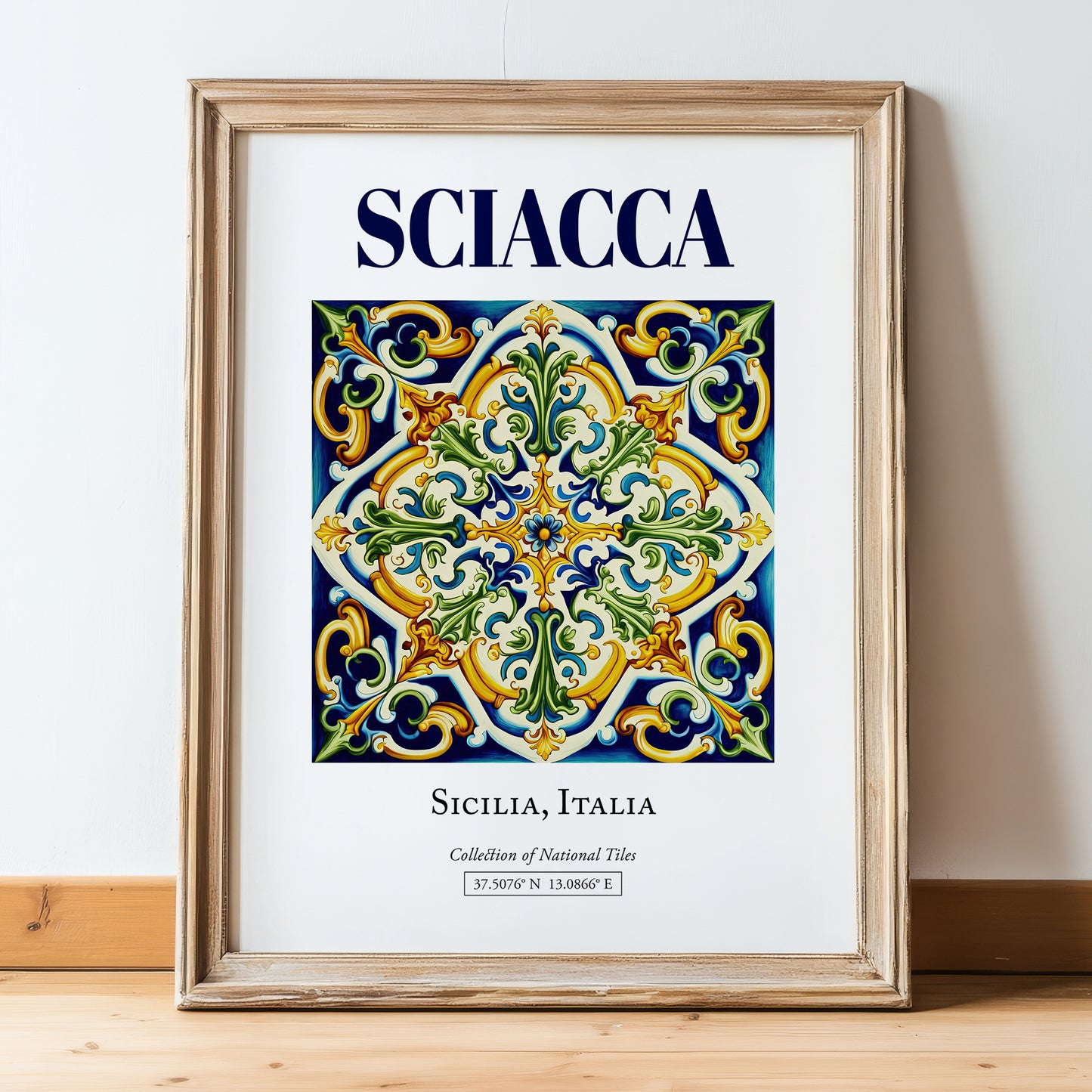 Sciacca, Italy – Minimalist Travel Print, in wooden frame leaning on the floor