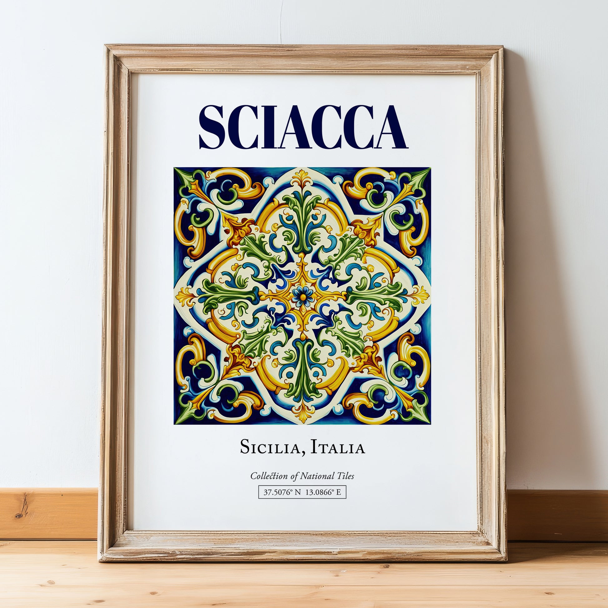 Sciacca, Italy – Minimalist Travel Print, in wooden frame leaning on the floor