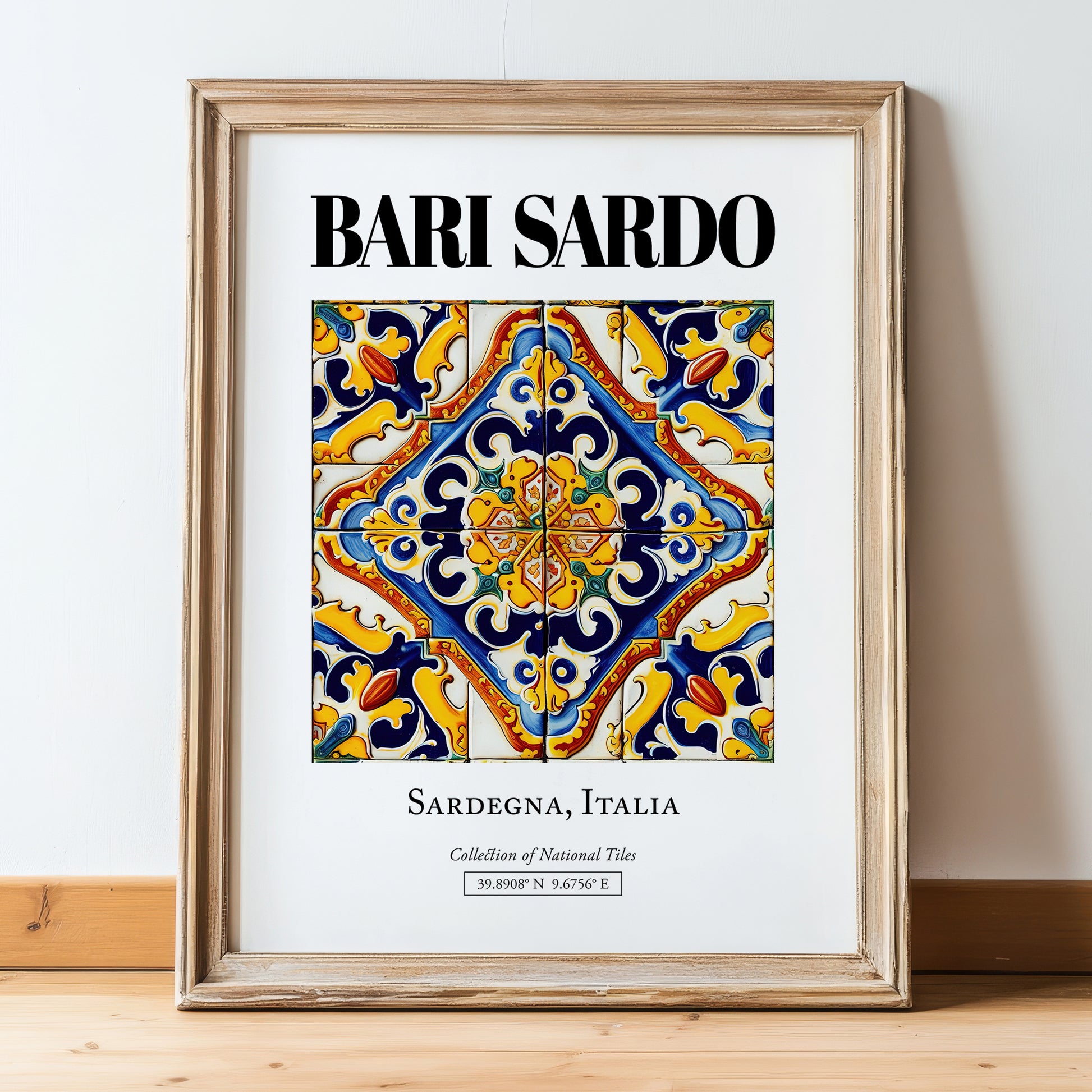 Bari Sardo, Italy – Travel Poster, in wooden frame leaning on the floor