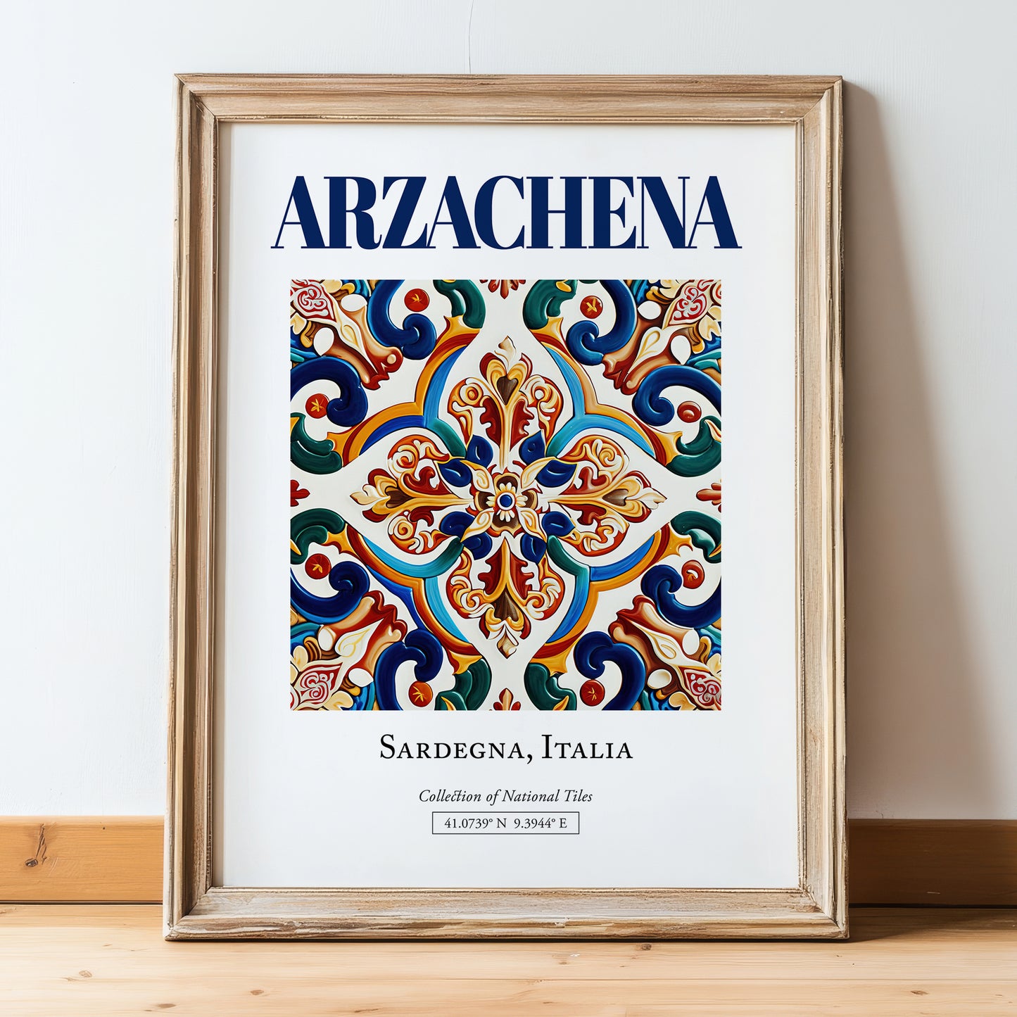 Arzachena, Italy – Travel Poster, in wooden frame leaning on the floor