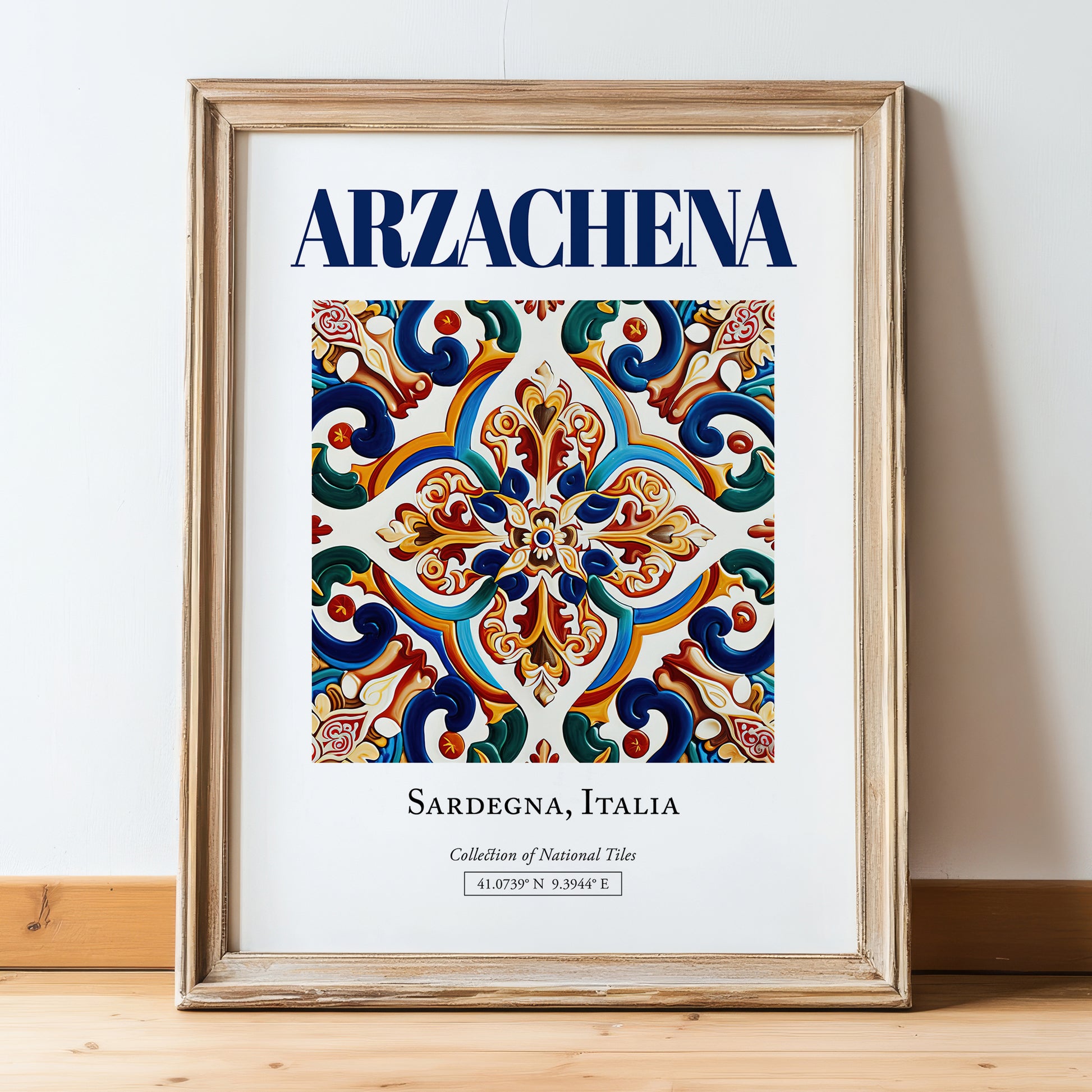 Arzachena, Italy – Travel Poster, in wooden frame leaning on the floor