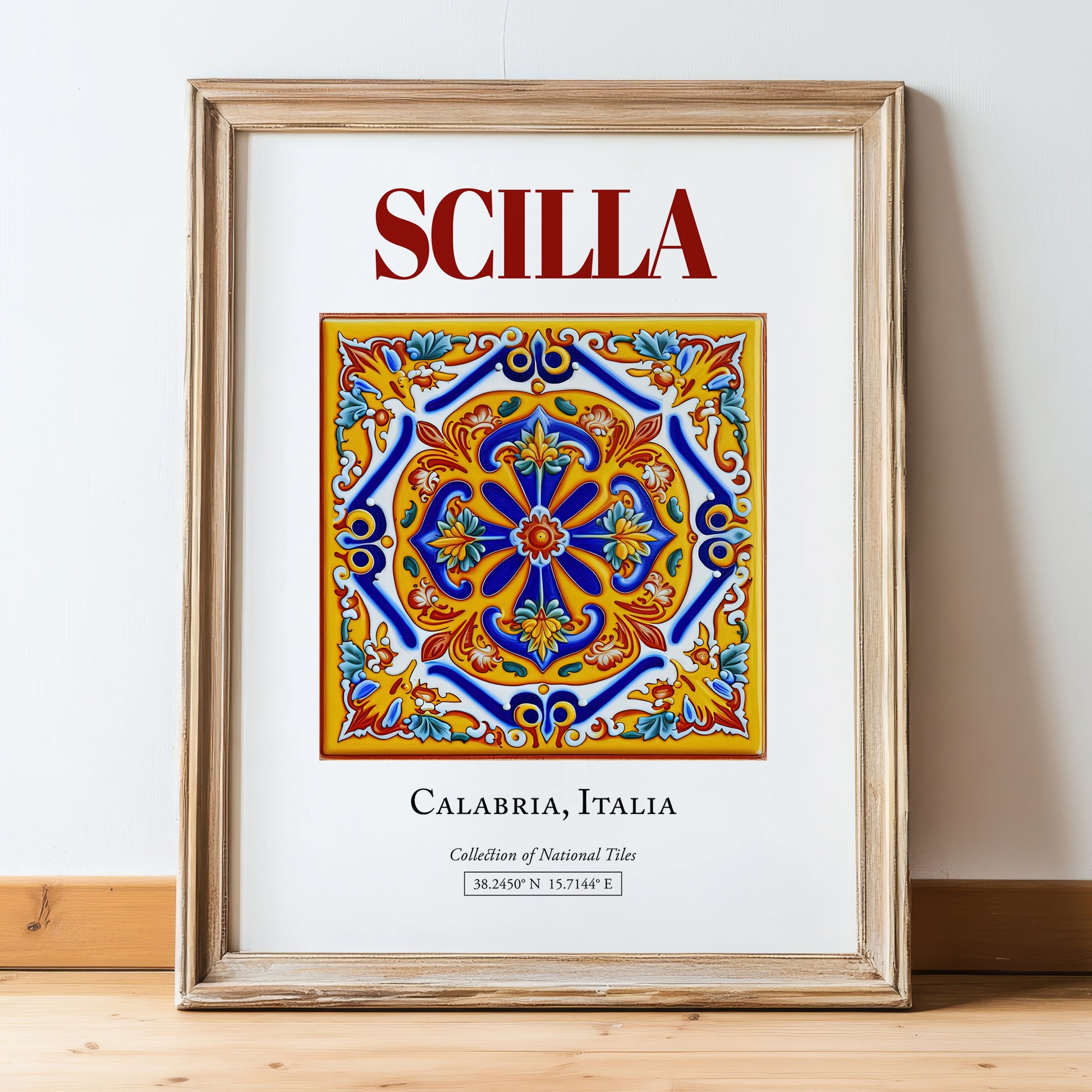 Scilla, Italy – Travel Print, in wooden frame leaning on the floor