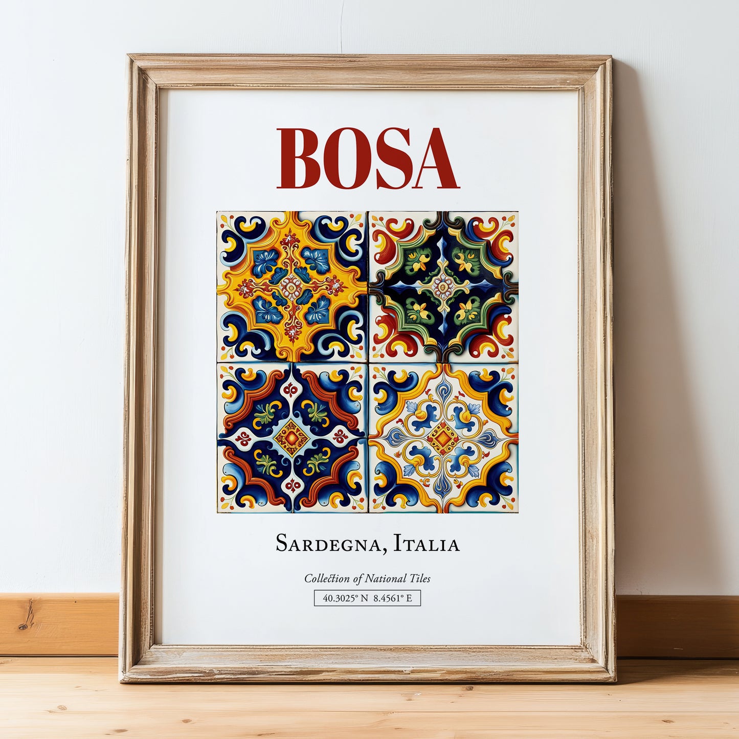 Bosa, Italy – Travel Wall Art, in wooden frame leaning on the floor