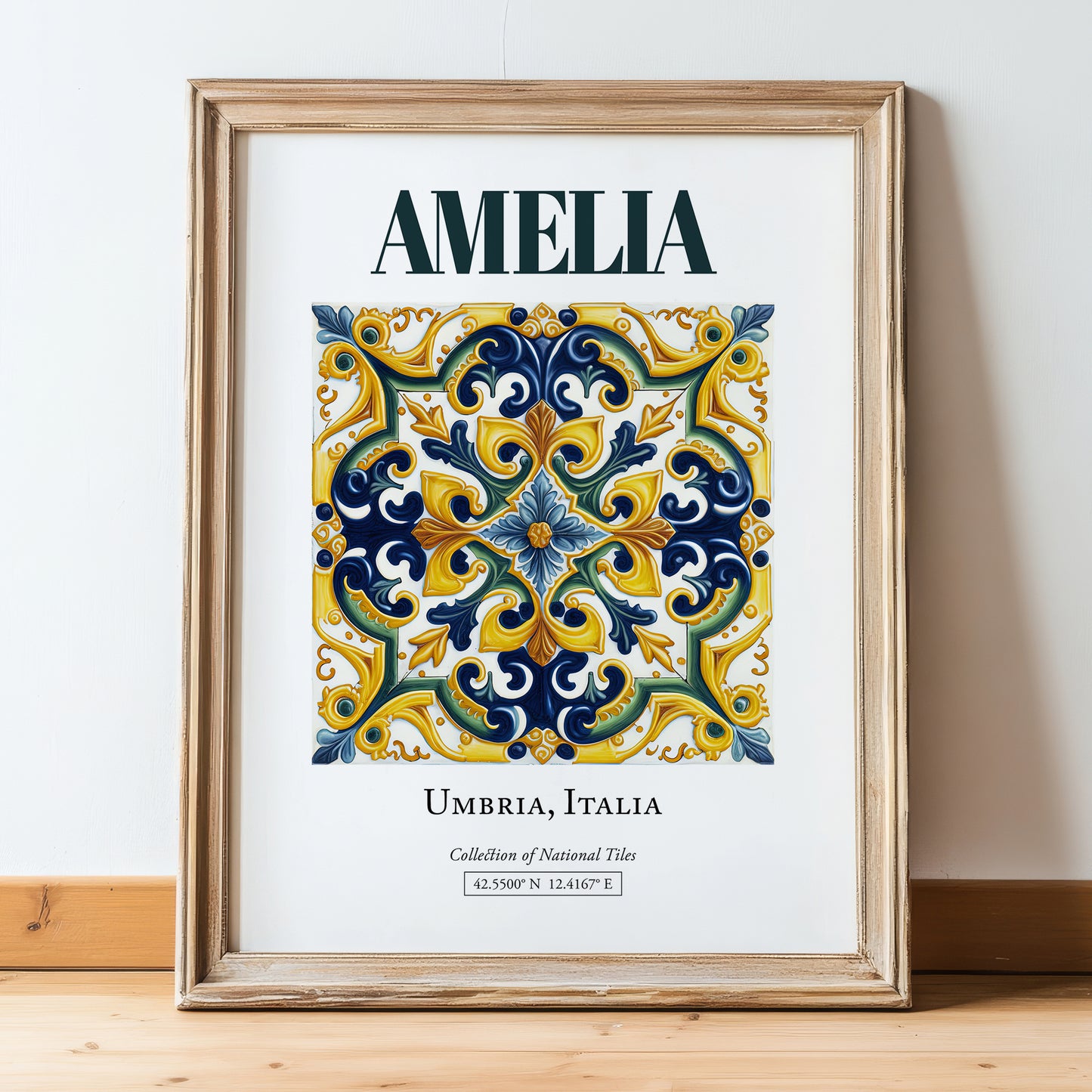 Amelia, Italy – Minimalist Travel Print, in wooden frame leaning on the floor