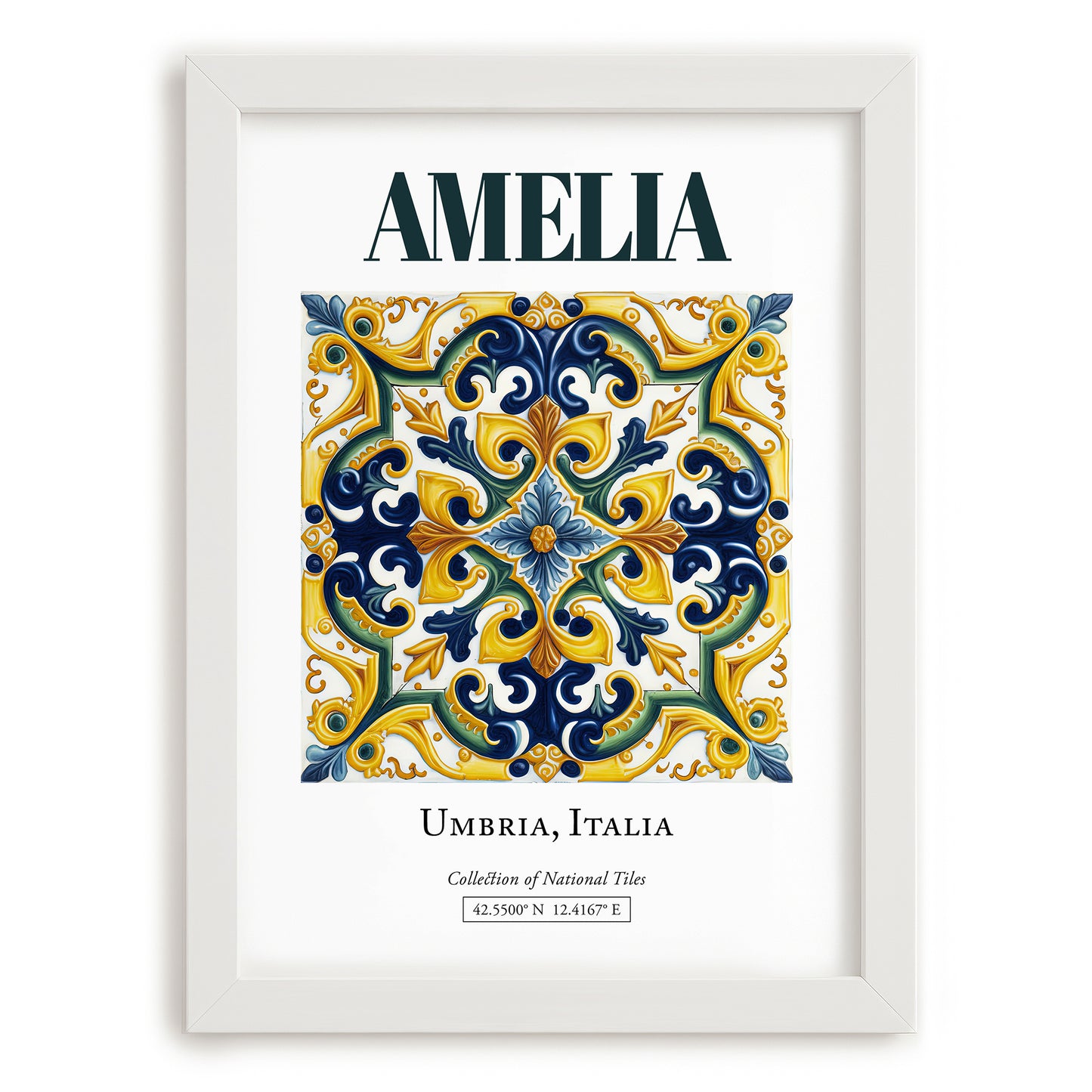 Amelia, Italy – Minimalist Travel Print, placed in minimal white frame
