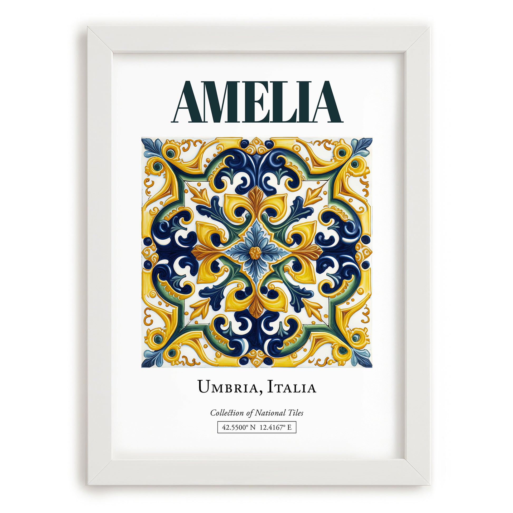 Amelia, Italy – Minimalist Travel Print, placed in minimal white frame
