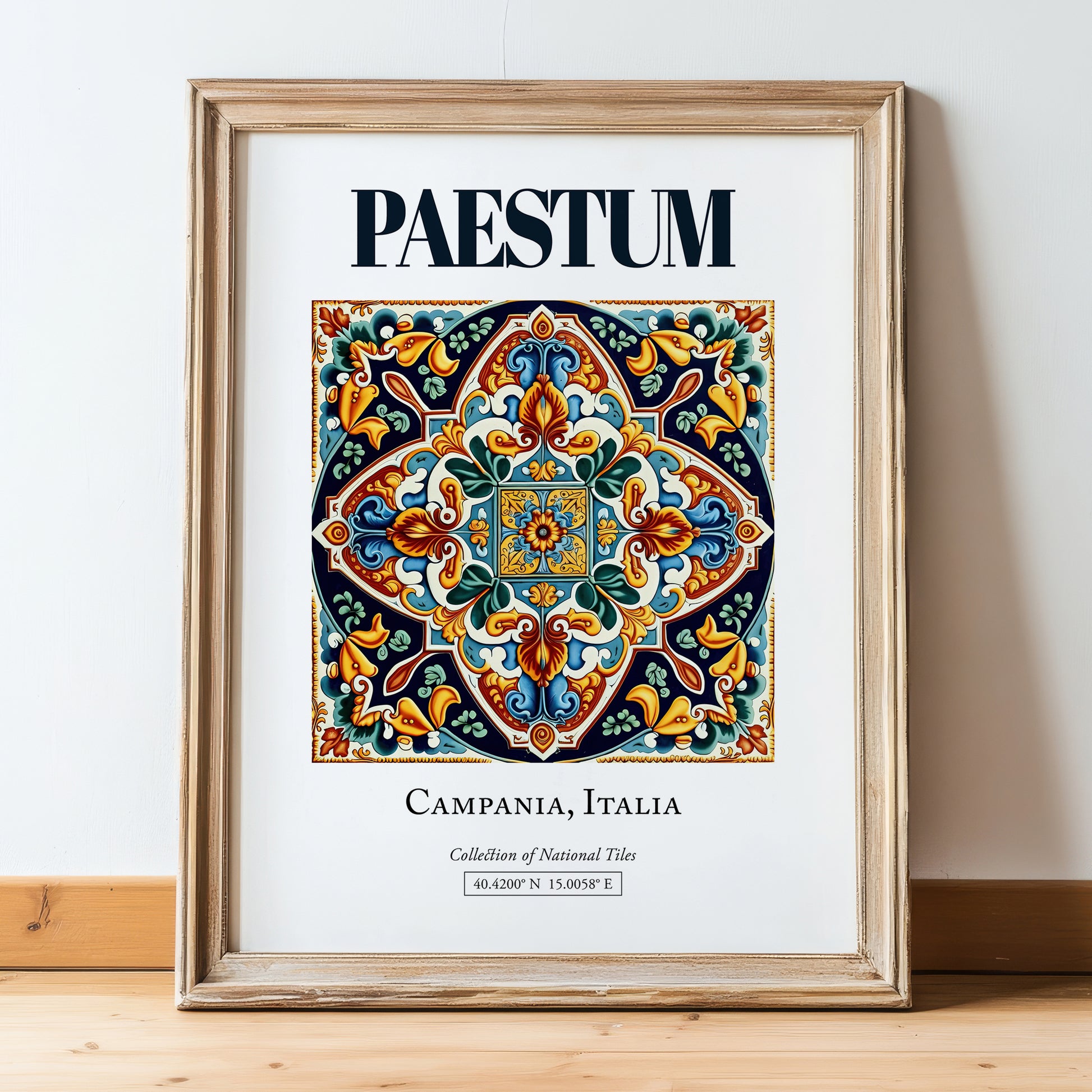 Paestum, Italy – Travel Poster, in wooden frame leaning on the floor