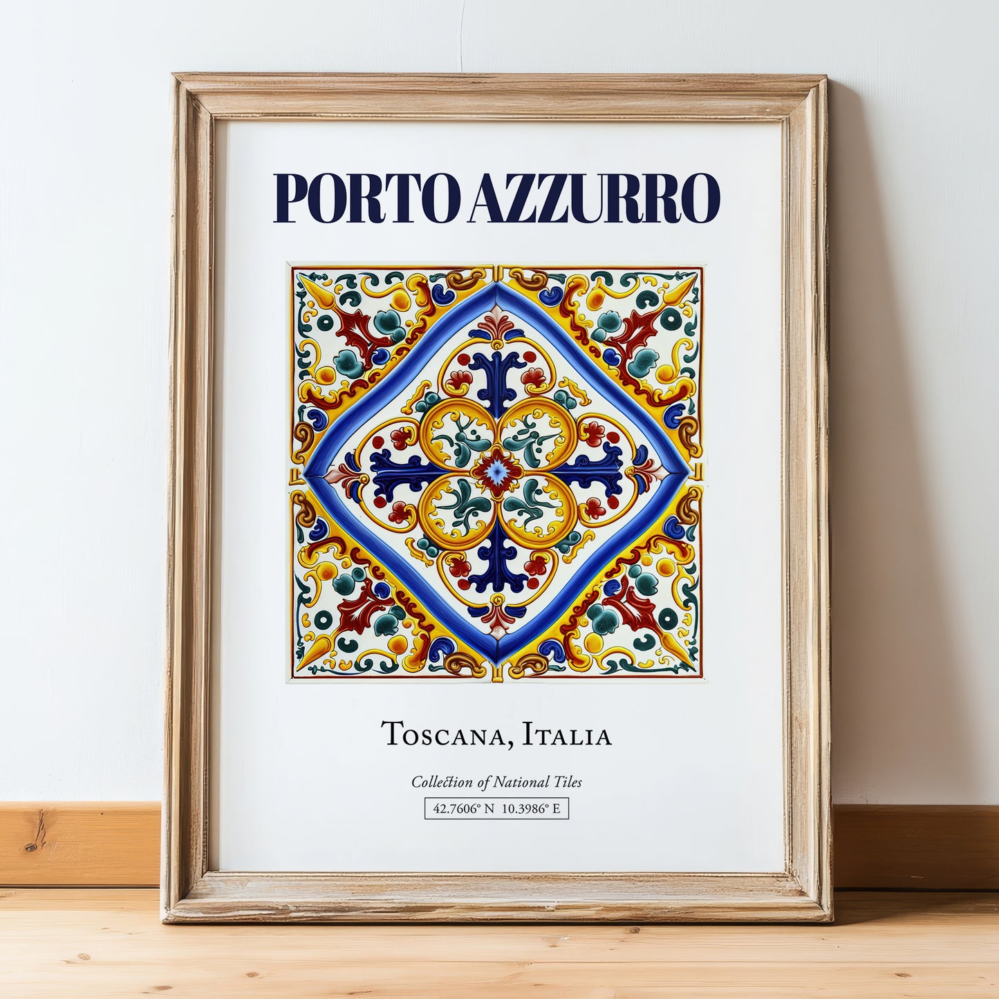 Porto Azzurro, Italy – Travel Poster, in wooden frame leaning on the floor