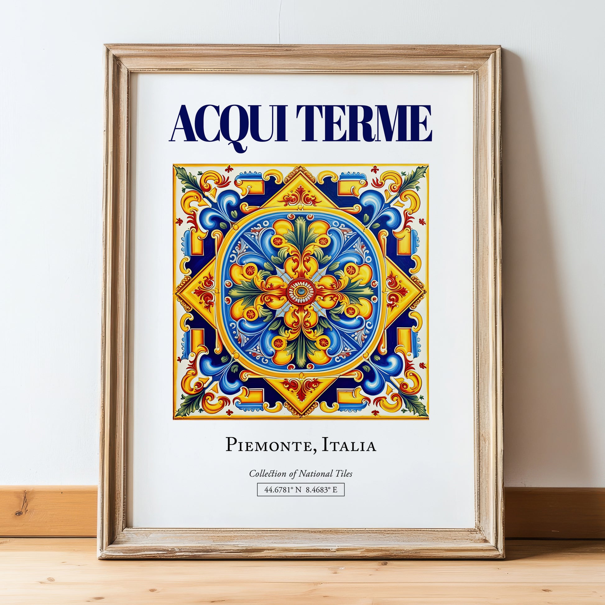 Acqui Terme, Italy – Retro Travel Poster, in wooden frame leaning on the floor