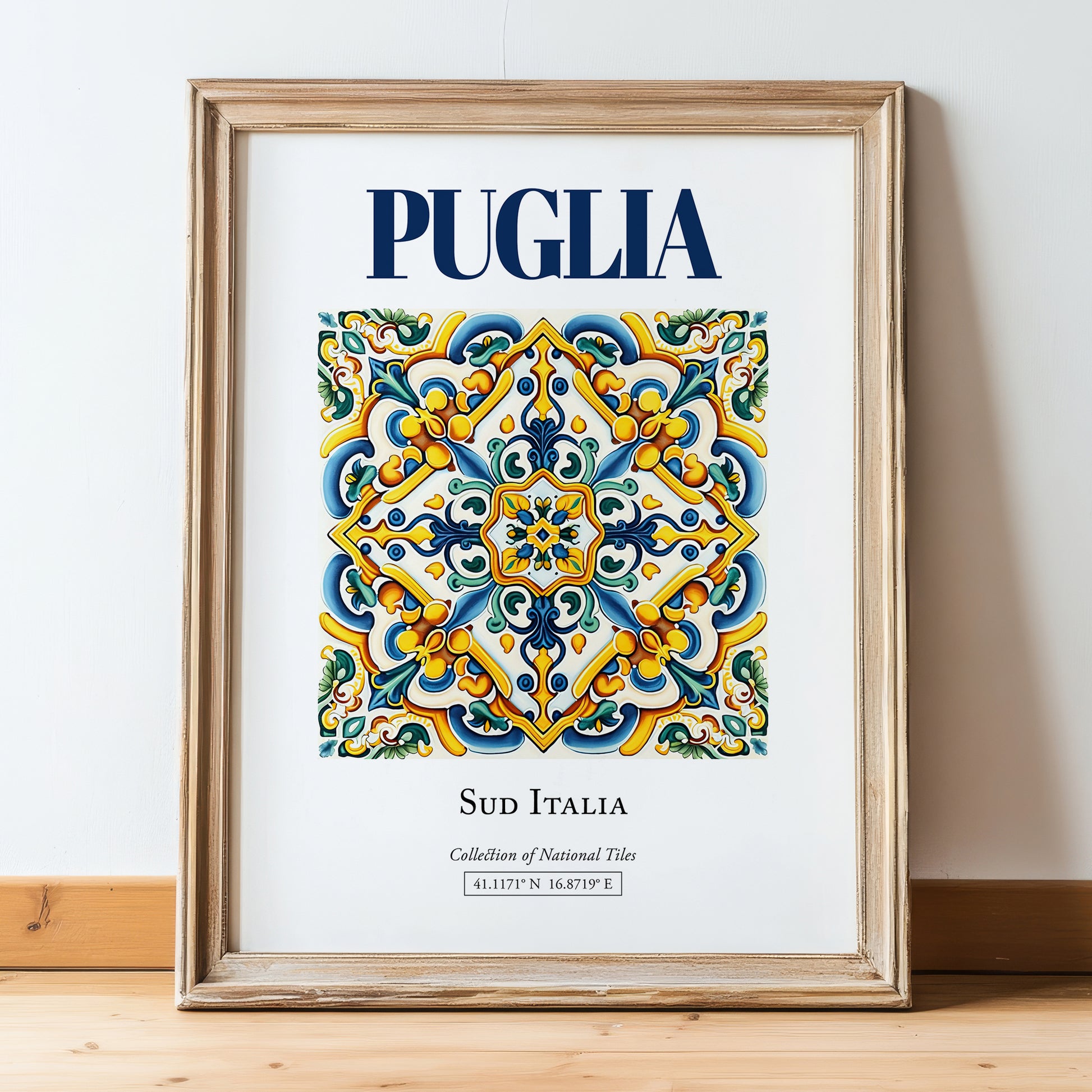 Puglia (Apulia), Italy – Travel Poster, in wooden frame leaning on the floor