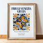 Friuli-Venezia Giulia, Italy – World Heritage Travel Poster, in wooden frame leaning on the floor