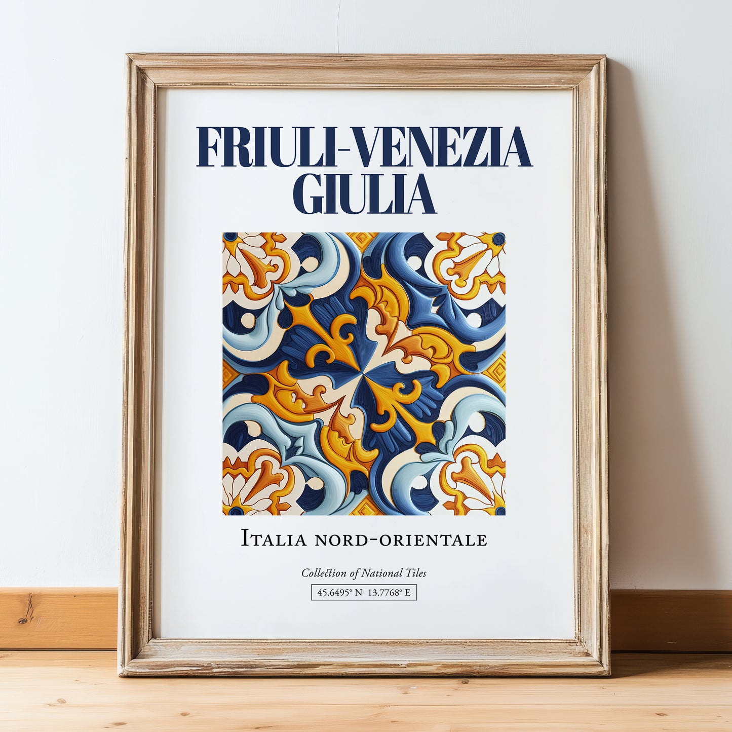 Friuli-Venezia Giulia, Italy – World Heritage Travel Poster, in wooden frame leaning on the floor