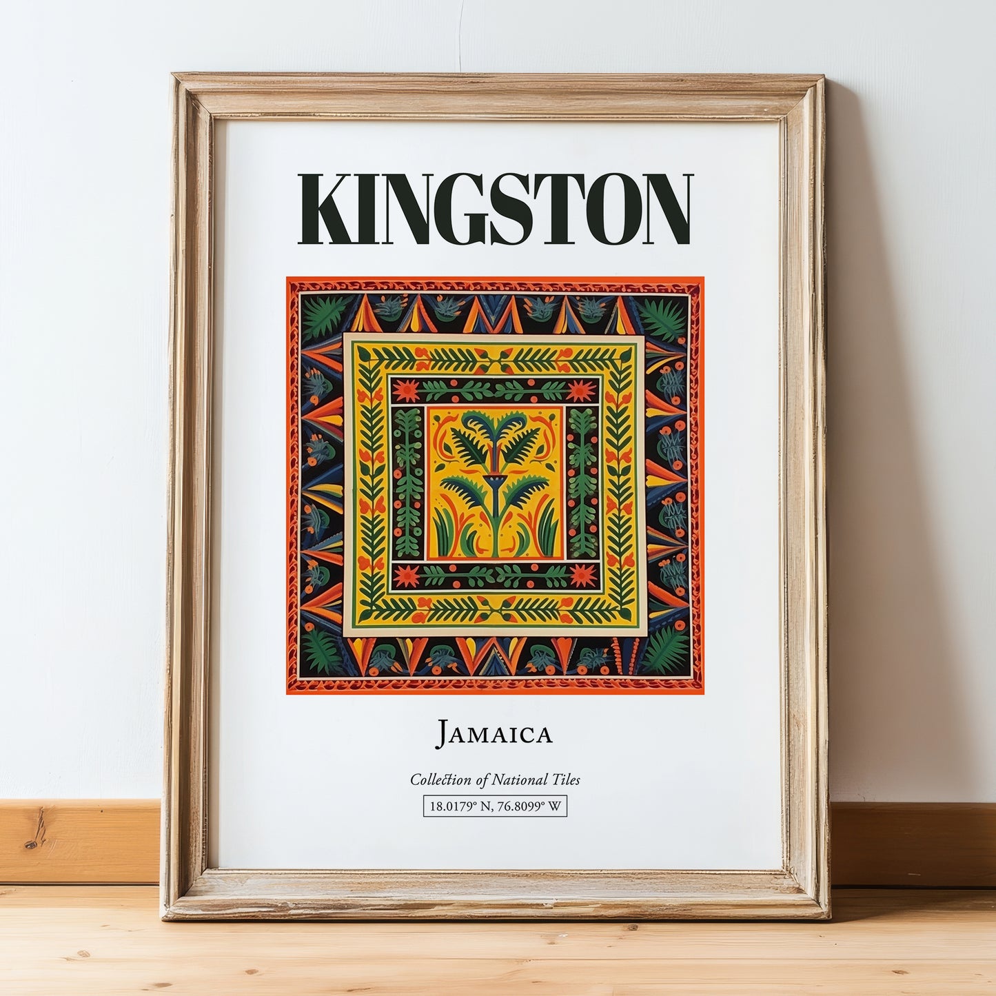 Kingston, Jamaica – Travel Wall Art, in wooden frame leaning on the floor