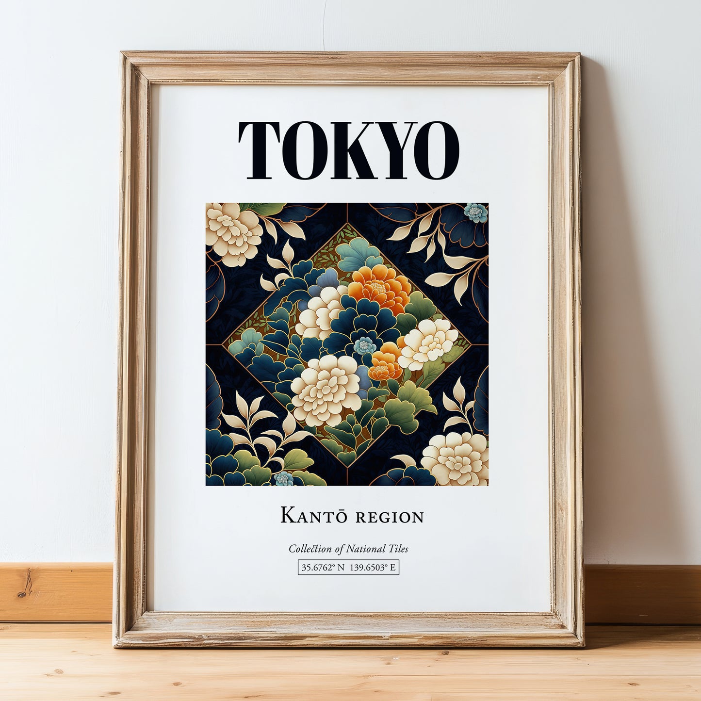 Tokyo, Japan – Travel Poster, in wooden frame leaning on the floor
