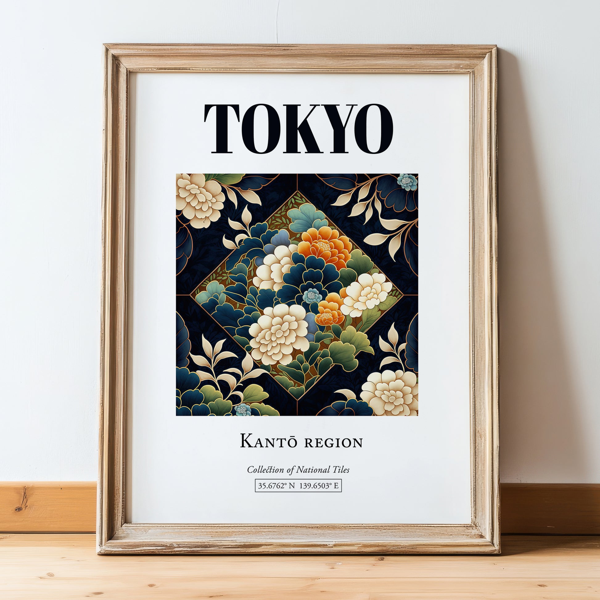 Tokyo, Japan – Travel Poster, in wooden frame leaning on the floor