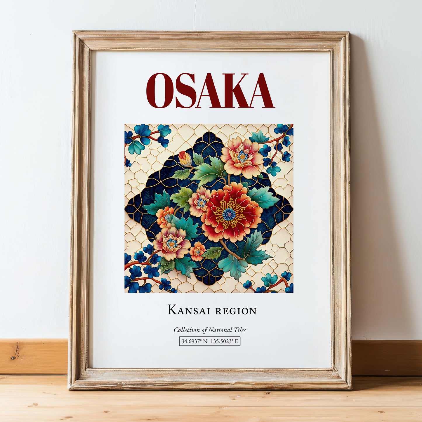 Osaka, Japan – Travel Wall Art, in wooden frame leaning on the floor
