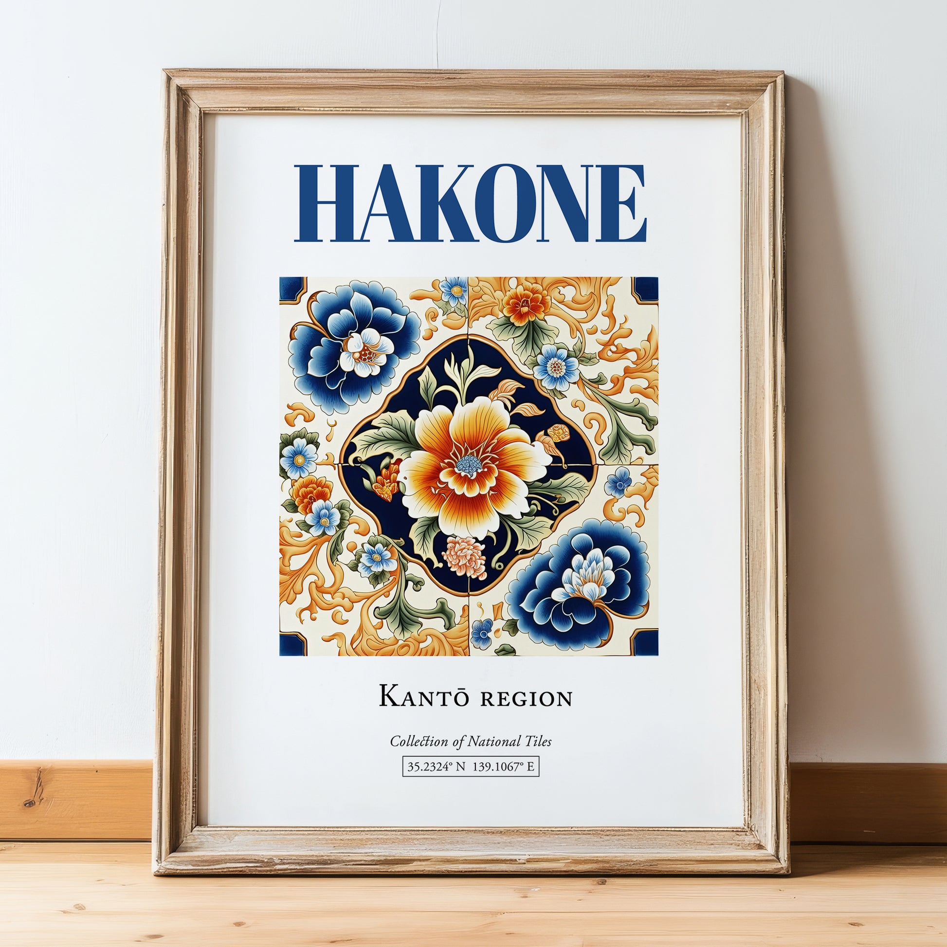 Hakone, Japan – Travel Poster, in wooden frame leaning on the floor