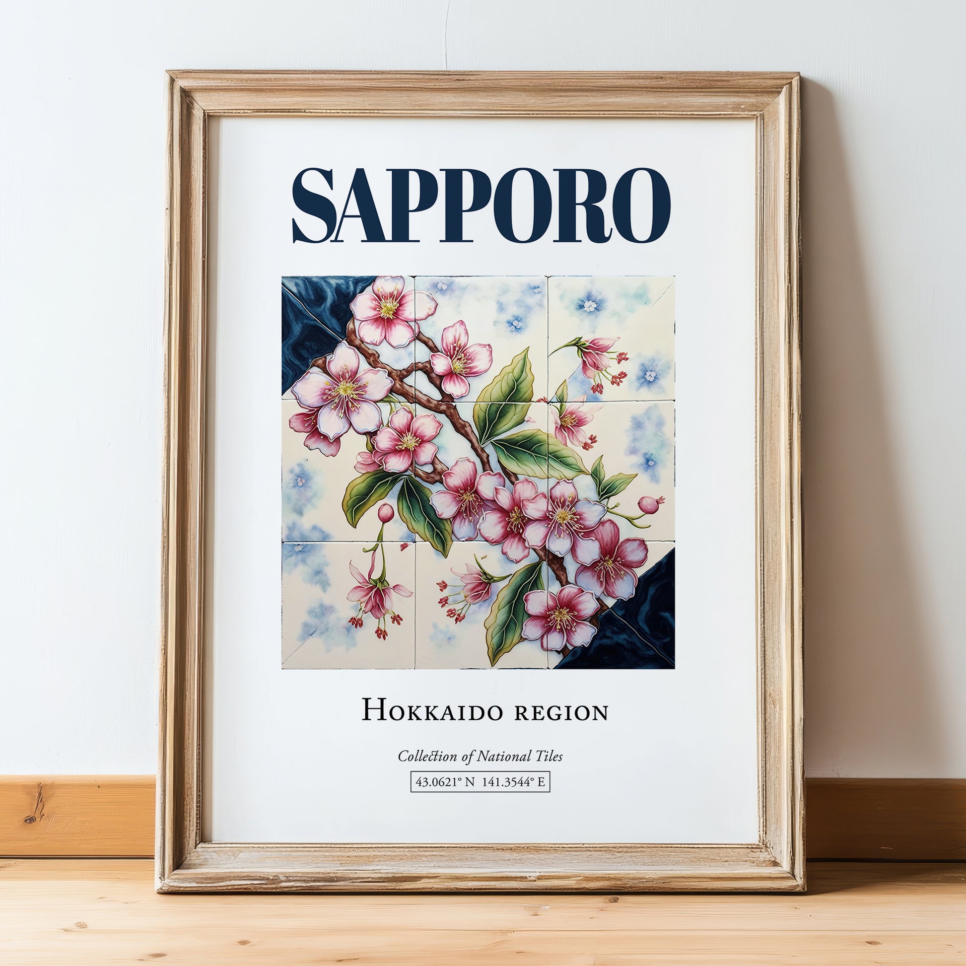 Sapporo, Japan – Global Cities Wall Print, in wooden frame leaning on the floor