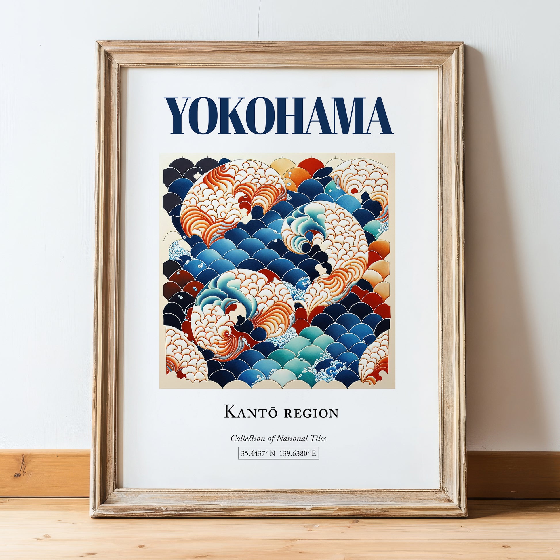 Yokohama, Japan – Travel Destination Art, in wooden frame leaning on the floor