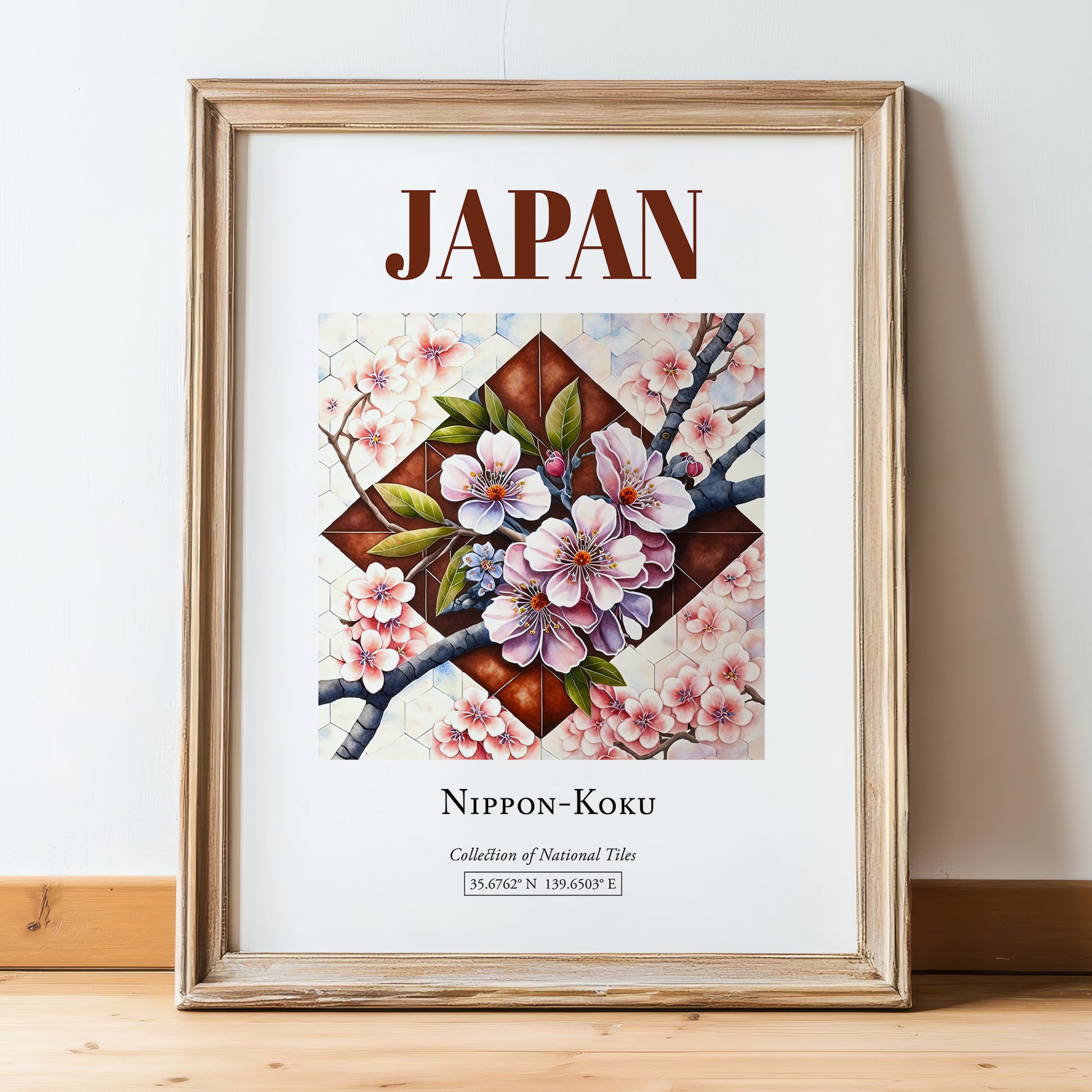 Japan, Nihon-koku – Travel Wall Decor, in wooden frame leaning on the floor