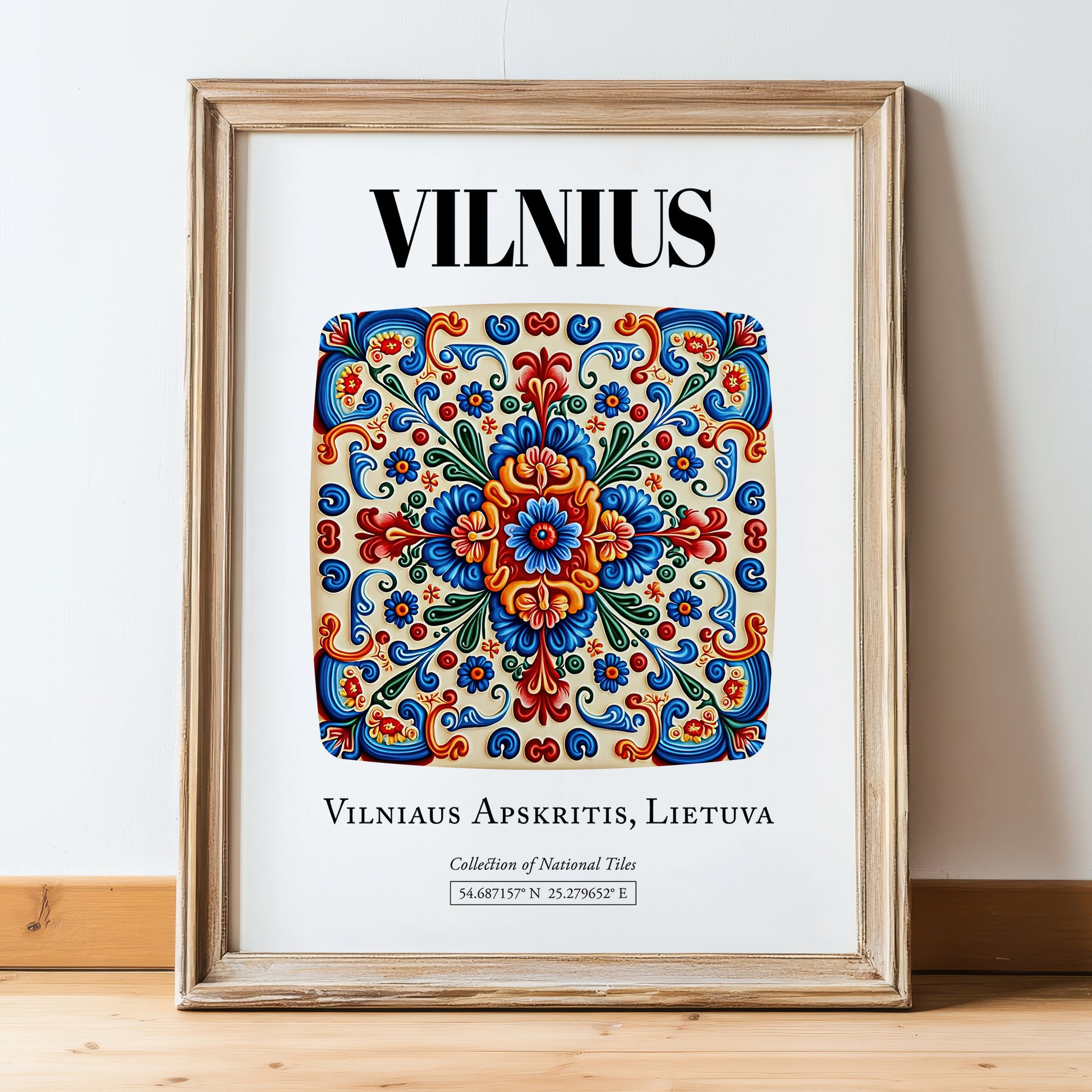 Vilnius, Lithuania – Travel Print, in wooden frame leaning on the floor