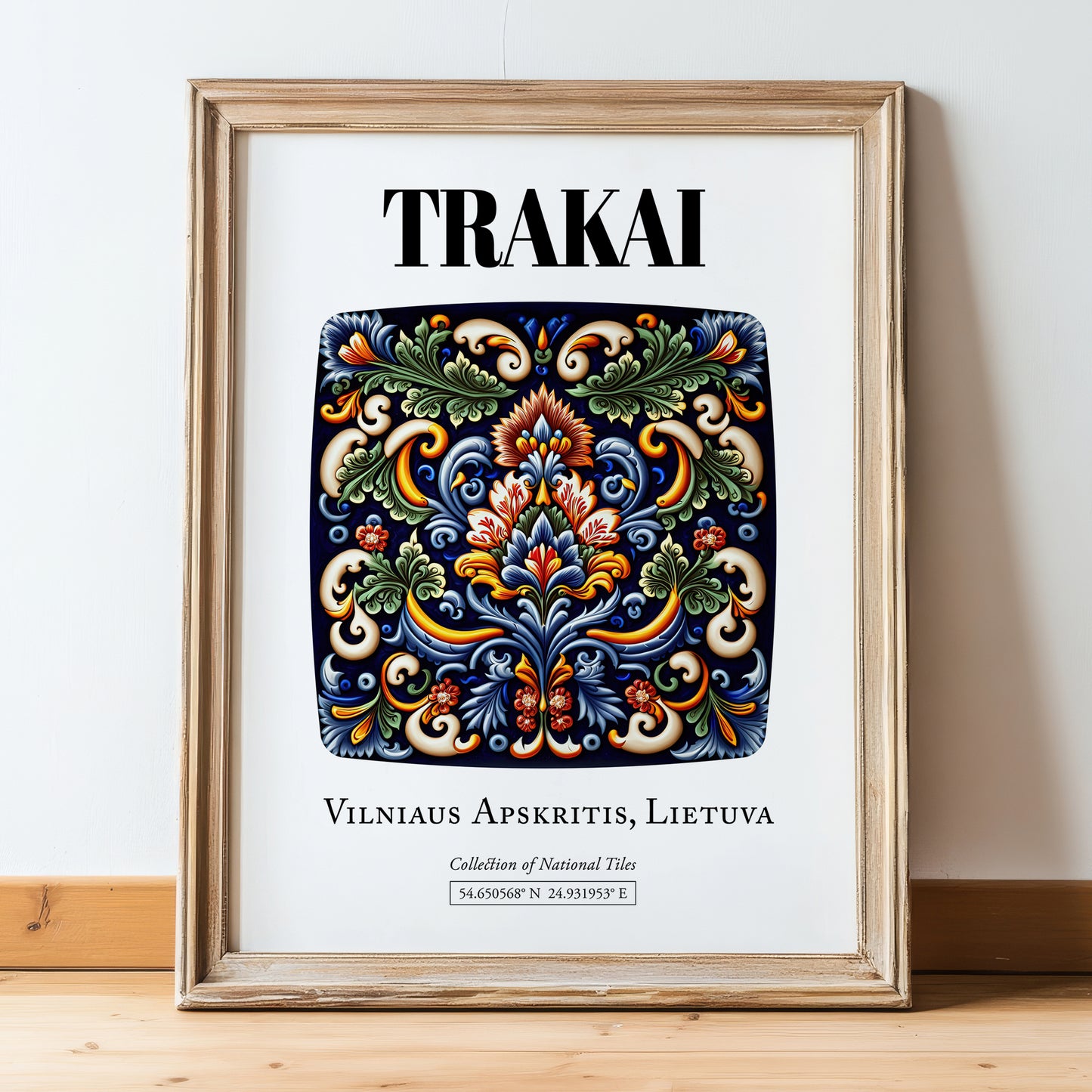 Trakai, Lithuania – Travel Poster, in wooden frame leaning on the floor
