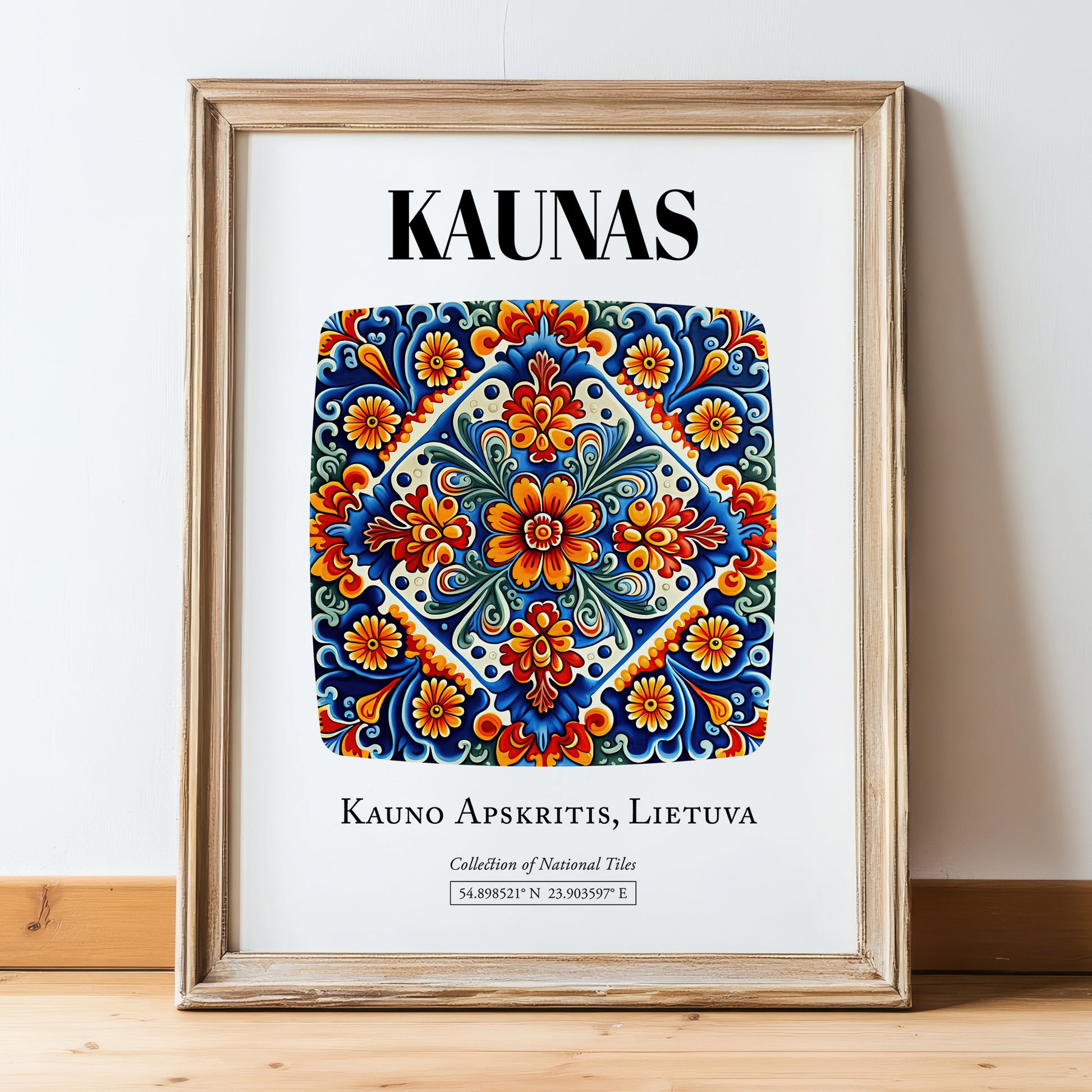 Kaunas, Lithuania – Travel Wall Art, in wooden frame leaning on the floor