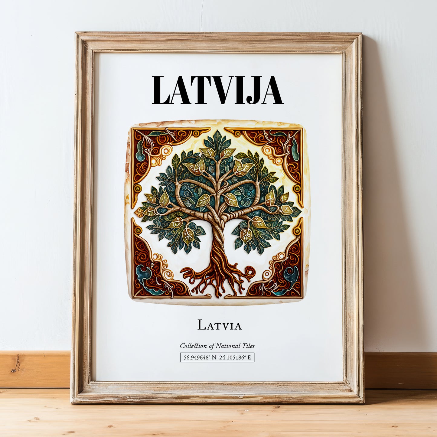 Latvija, Latvia – Wanderlust-Inspired Poster, in wooden frame leaning on the floor