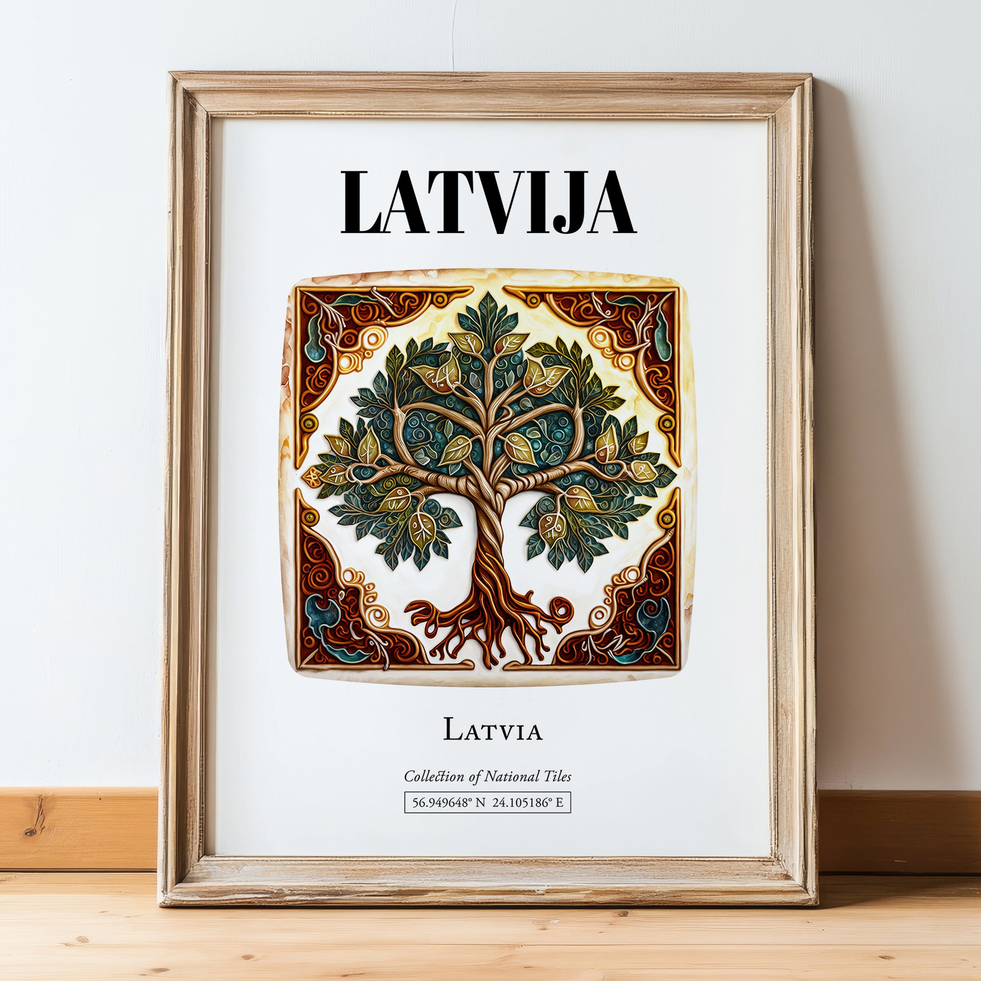 Latvija, Latvia – Wanderlust-Inspired Poster, in wooden frame leaning on the floor