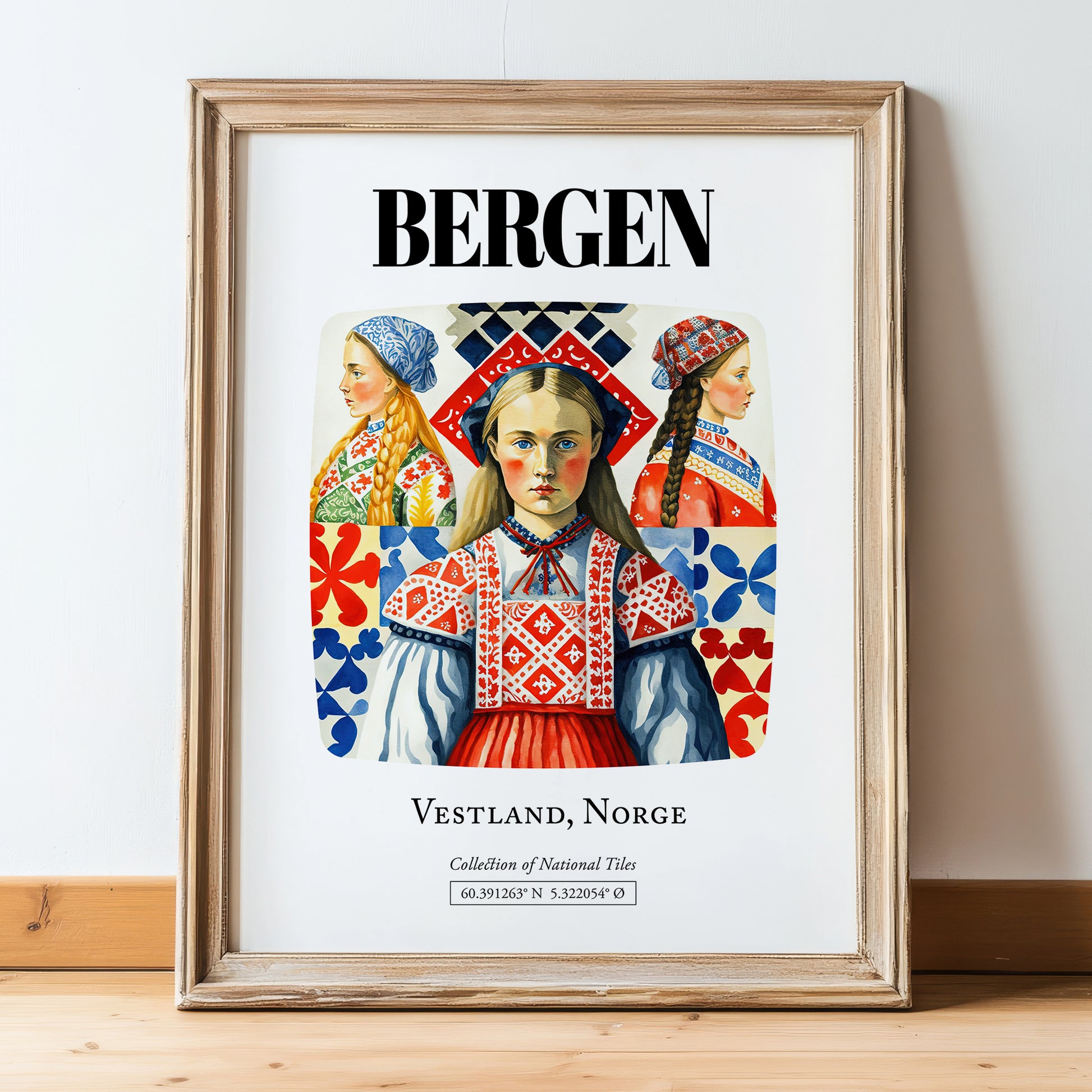 Bergen, Norway – Minimalist Travel Print, in wooden frame leaning on the floor