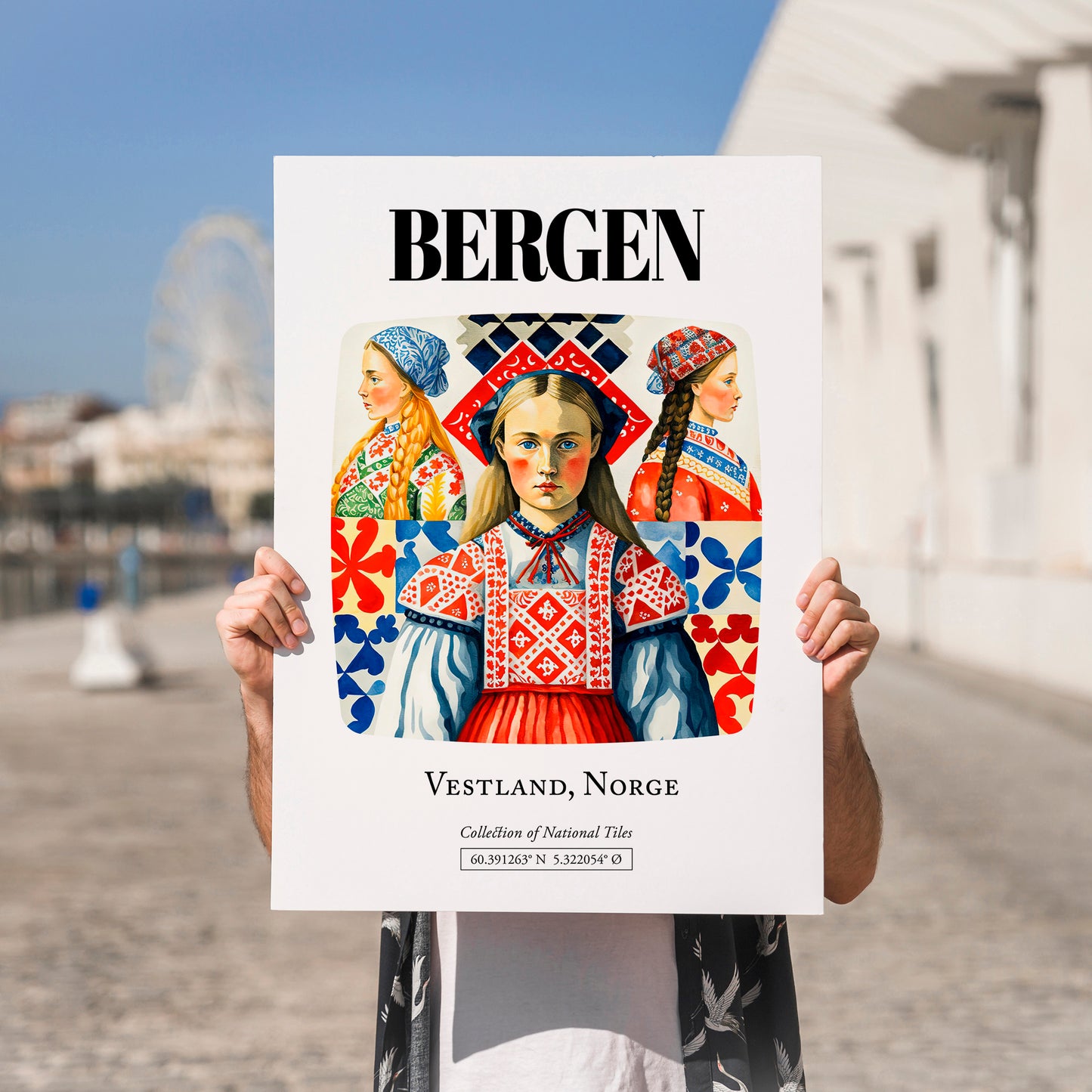 Bergen, Norway – Minimalist Travel Print, no-text version framed in wood